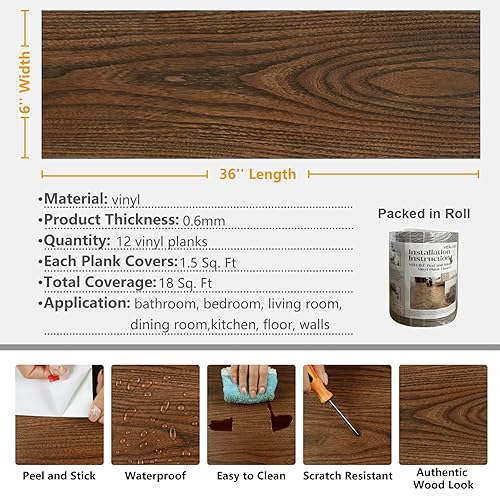 Miniatura 8 de VEELIKE Azulejos de piso de 6 x 36 pulgadas para despegar y pegar para baño, impermeables, de madera de castaño marrón, paquete de 12 tablones de