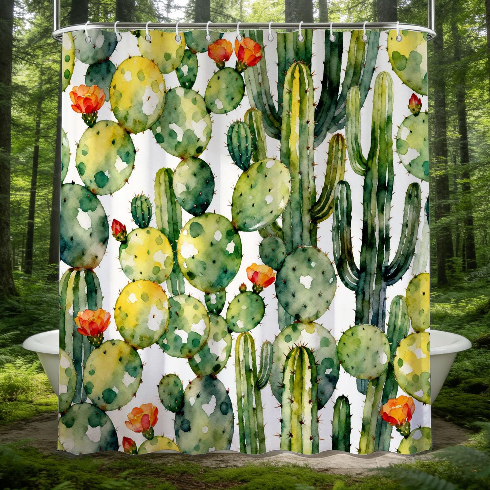 Hongduo 3D Watercolor Cactus Shower Curtain for Stalls Bathtubs Watercolor Bathroom Decor Shower Curtain Set Polyester Fabric Waterproof 180x180cm/71X71 Inch with Hooks