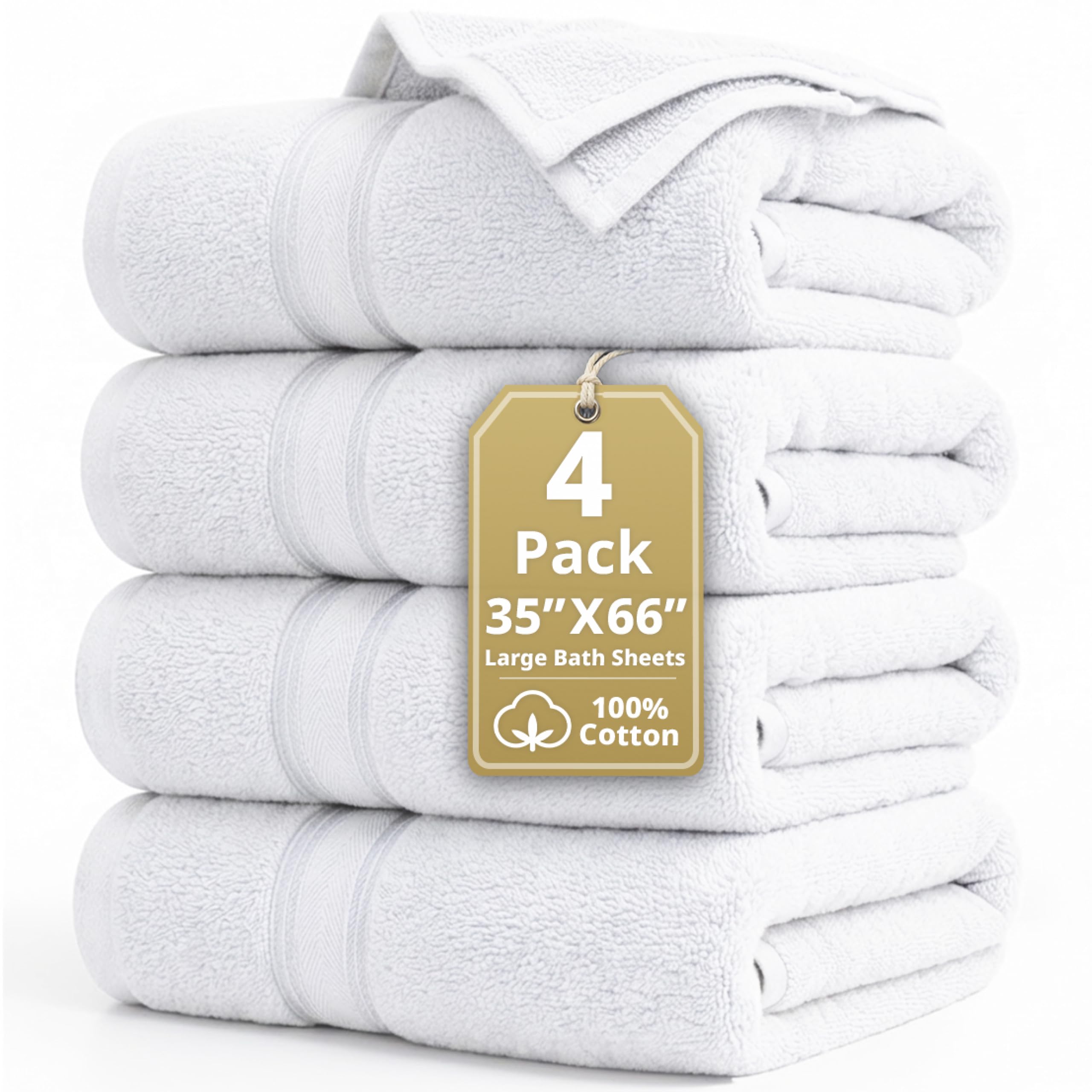 LANE LINEN 100% Cotton Bath Sheets - Exclusive Zero Twist Technology - 4 Pack (35"x66") White Towels large - Ultra Soft, Quick Dry & Super Absorbent -