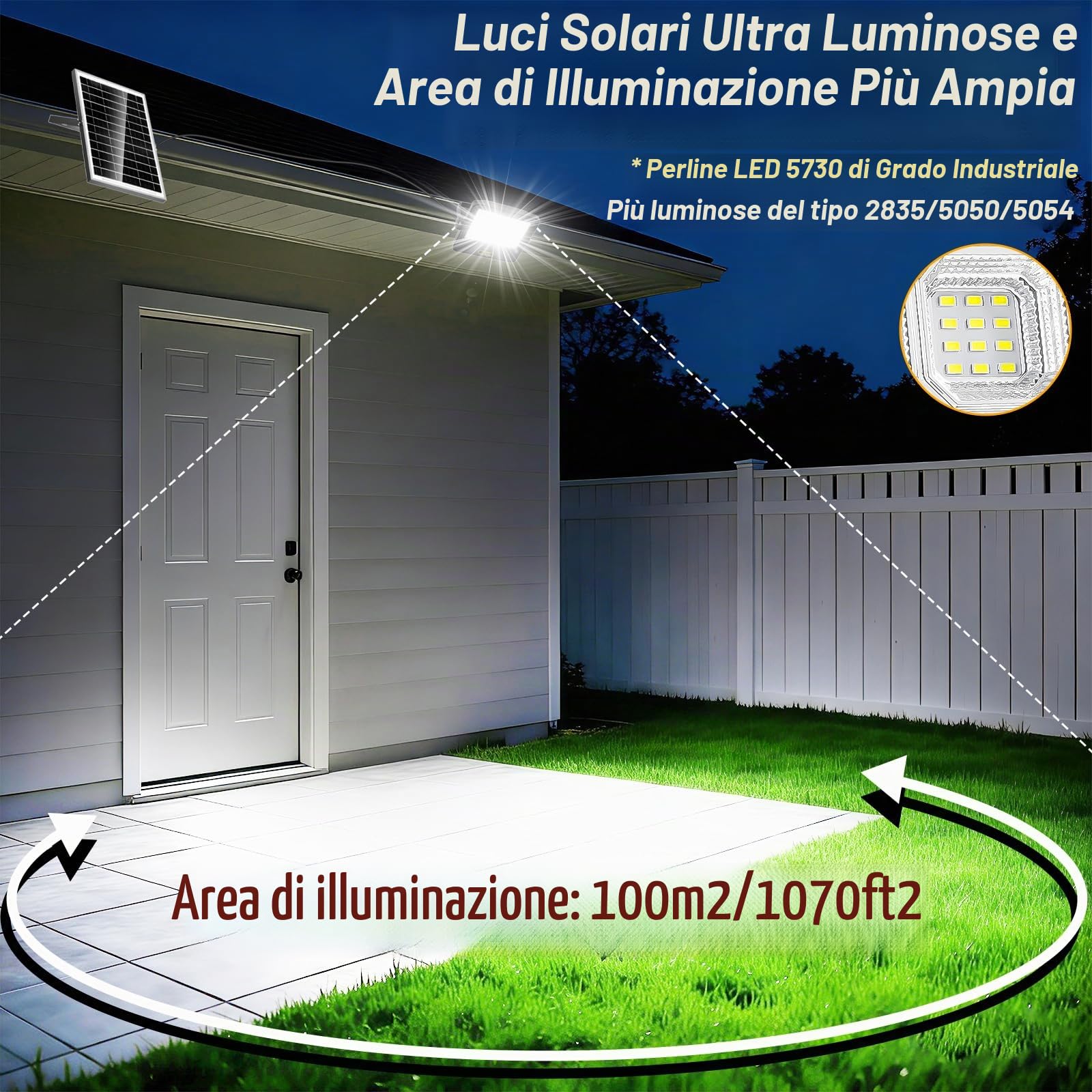 Eleganted Faro Led Esterno con Pannello Solare, 3400LM Fari Solari a Led da Esterno IP67 Impermeabile Lampione Solare, SMD Ultra Faretto led per Giardino