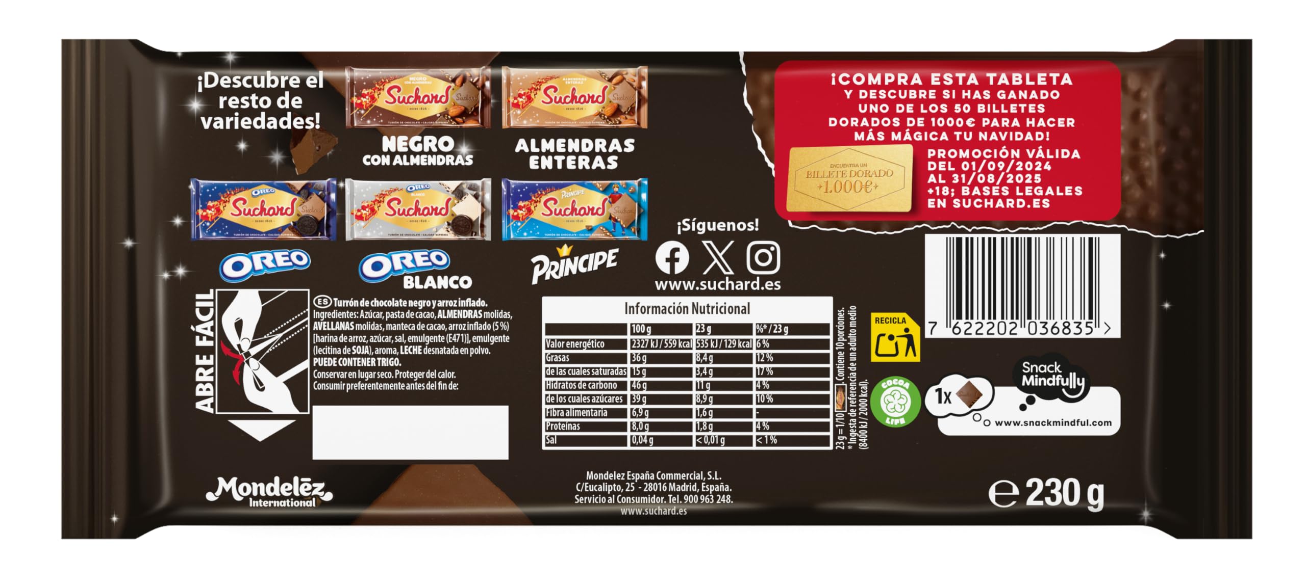 Suchard Turrón de Chocolate Negro con Arroz Inflado, Tradicional Delicia Navideña, Crujiente y Dulce - 230 g