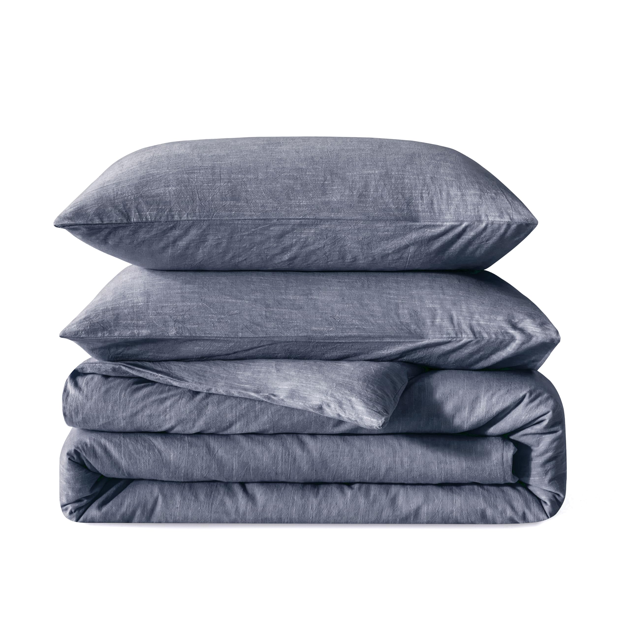 BFS HOME Linen Duvet Cover Queen Size - Soft Breathable Cotton Linen Blend, 3-Pieces Bedding Set with 2 Pillowcases, Stonewashed Texture, Navy,