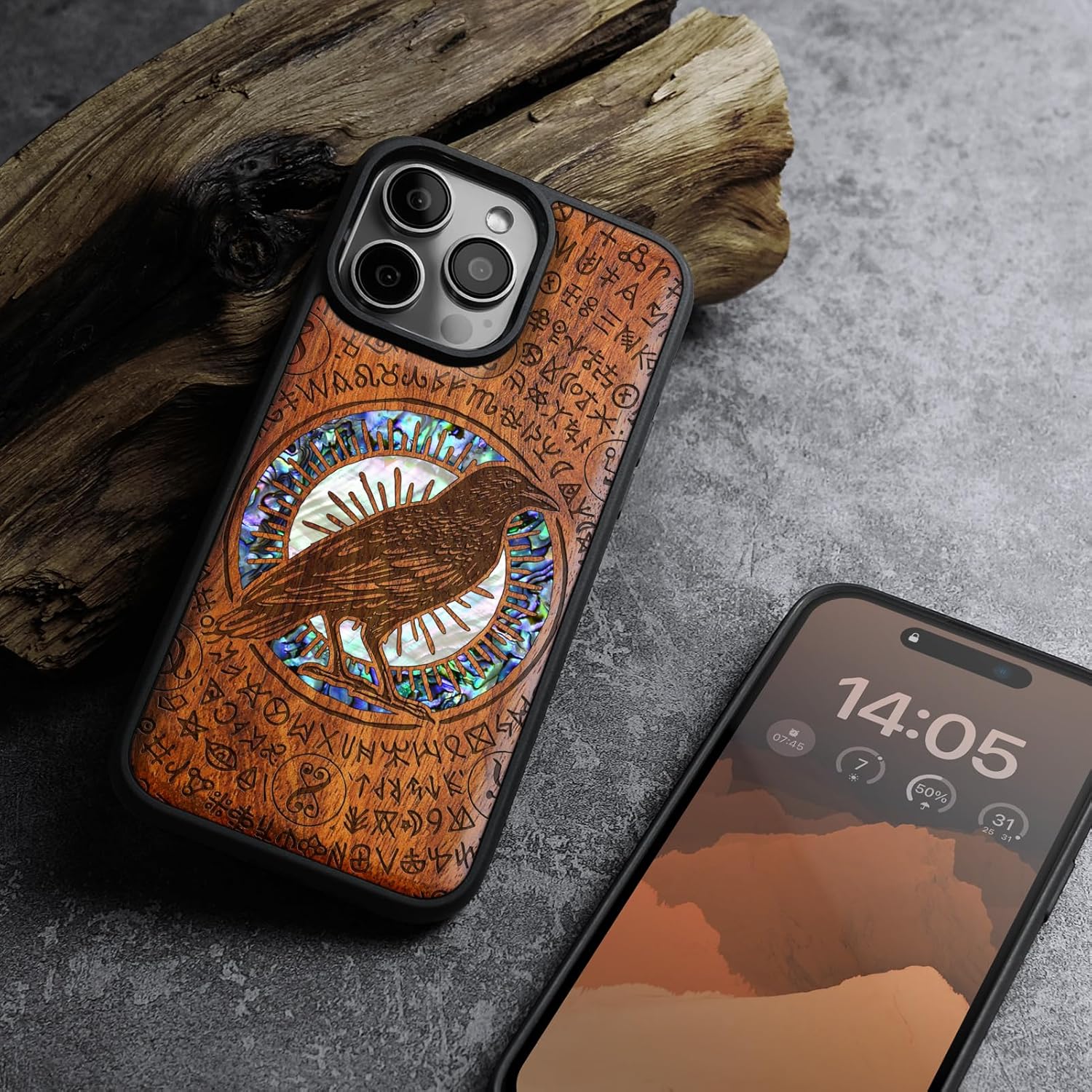 Carveit Magnetic Case for iPhone 16 Pro Case, Wood Artisan Engraved & Handmade Shell Inlaid, TPU Shockproof Cover, Compatible with MagSafe Wireless Chargers (Haloed Crow) Rosy