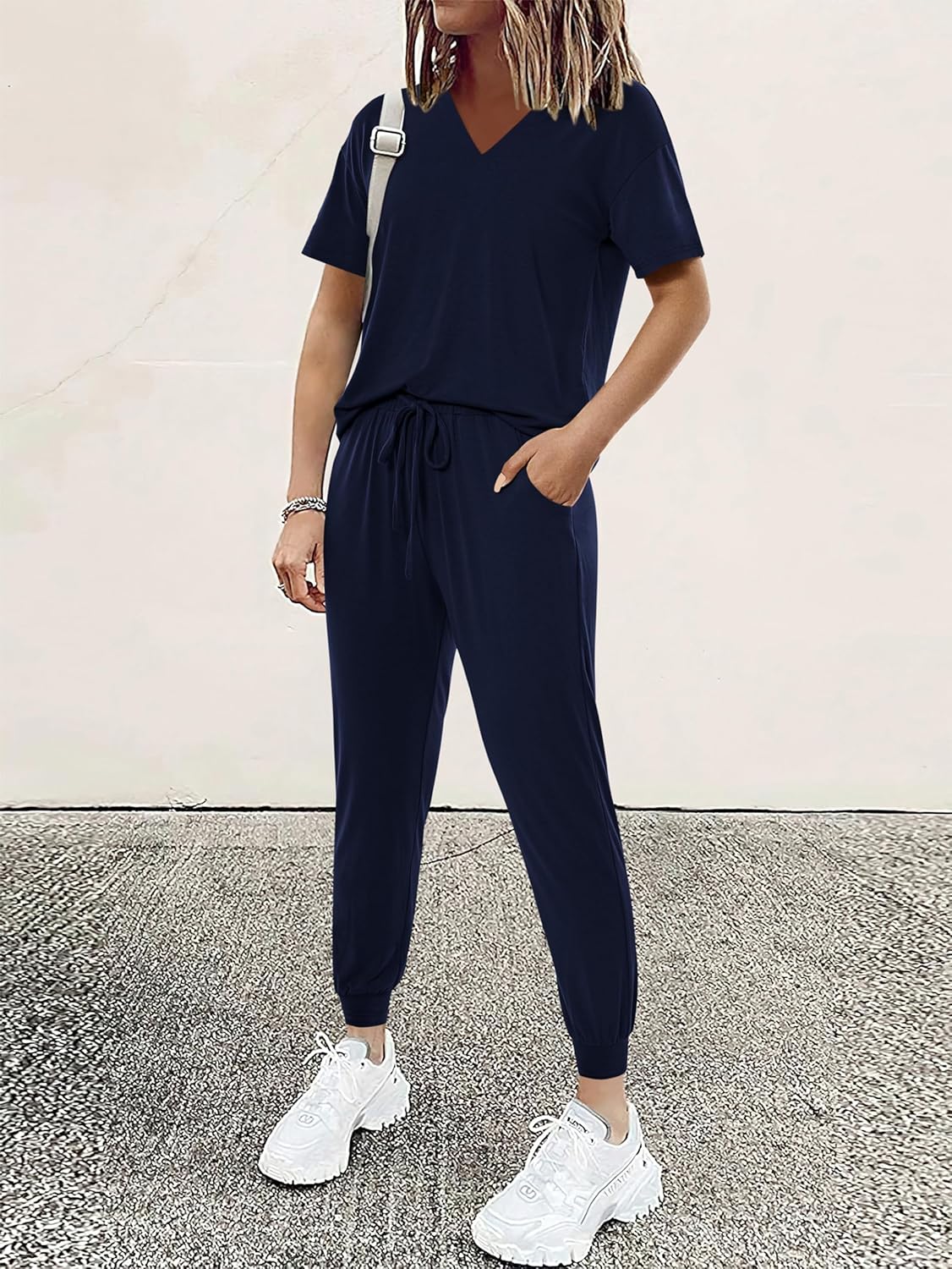 MASCOMODA Womens 2 Piece Outfits Summer Casual V Neck Short Sleeve Tops Long Pants Tracksuit Lounge Jogger Set with Pockets - Image 3