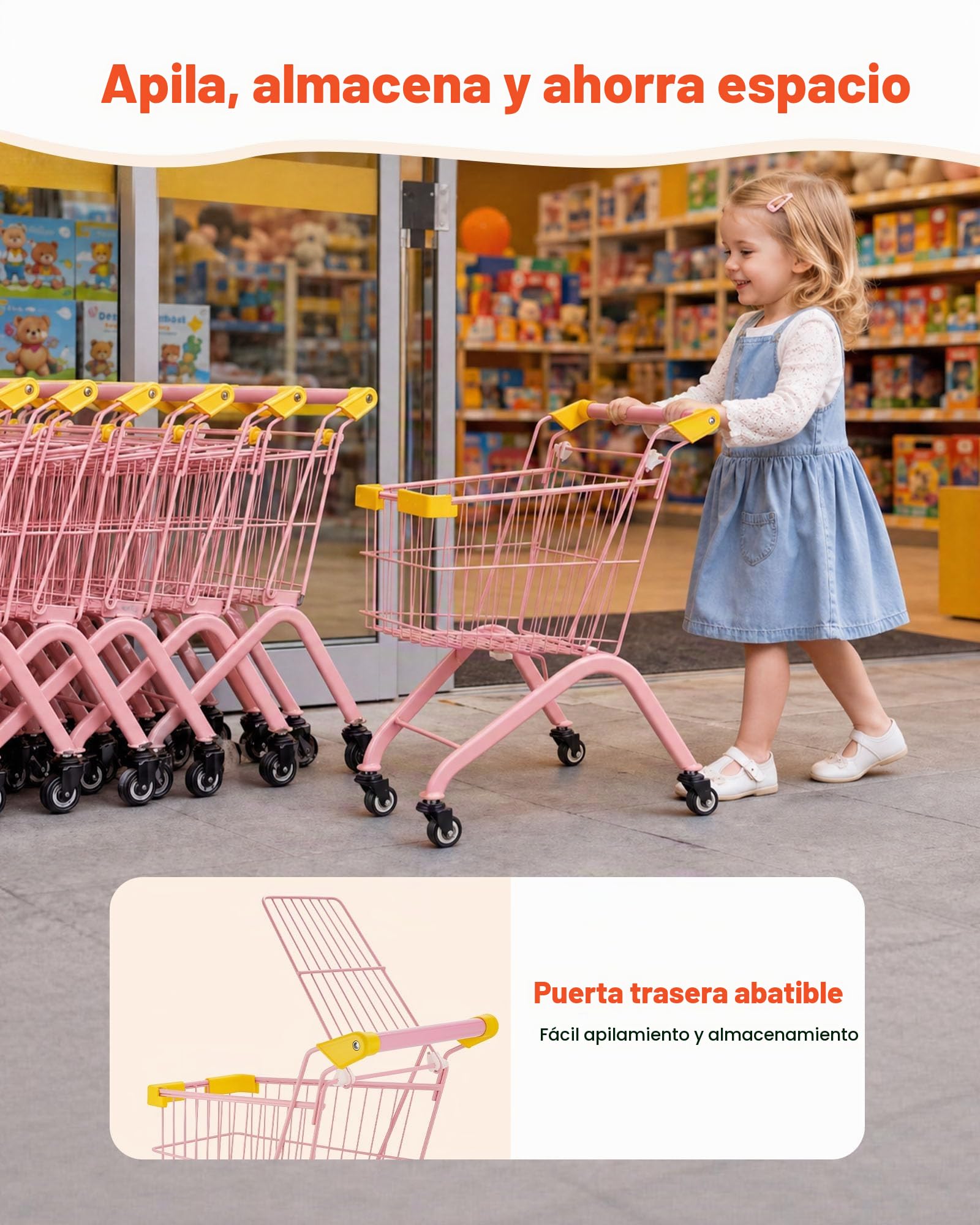 VEVOR Carrito de Compras Infantil, Estructura de Acero, Carrito de Supermercado de Juguete con Cesta de Capacidad de 17 L, Asiento para Muñecas, Ruedas de 360°, Carro para Niños de 3 Años en Adelante