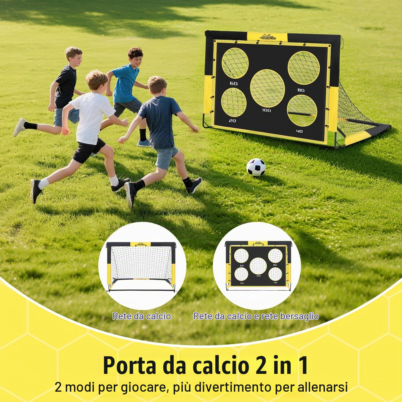 MoKo Porta da Calcio per Giardino, Pop-Up Rete da Calcio di Grandi con Pannello Bersaglio, Attrezzatura di Allenamento Portatile per Bambini, Gioco Sportivo Esterno