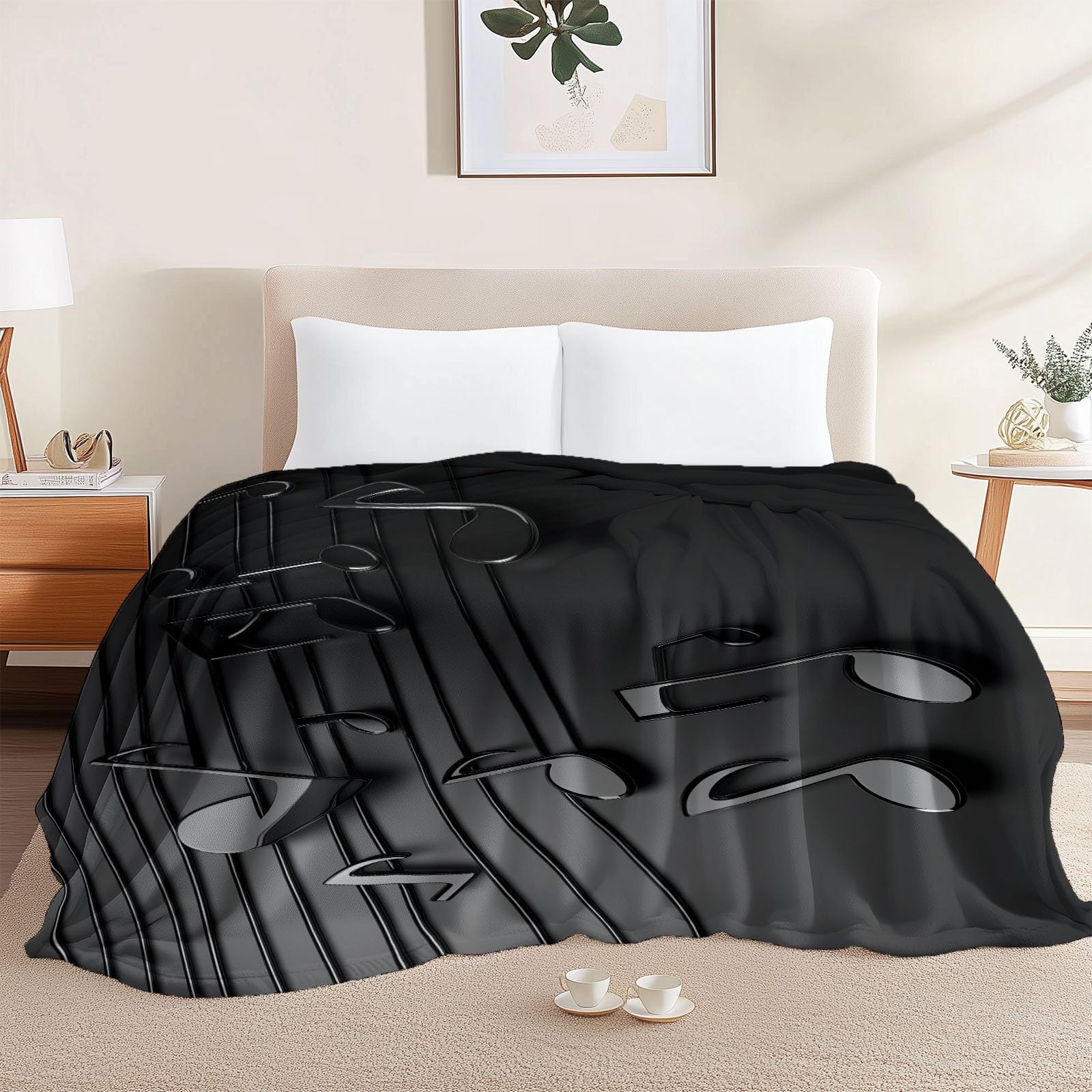 Manta de franela con diseño de música y notas musicales, rayas espectrales, símbolos, manta polar franela, suave y caliente, color negro, para niños, adultos, regalo para amigos, familia, sofá cama