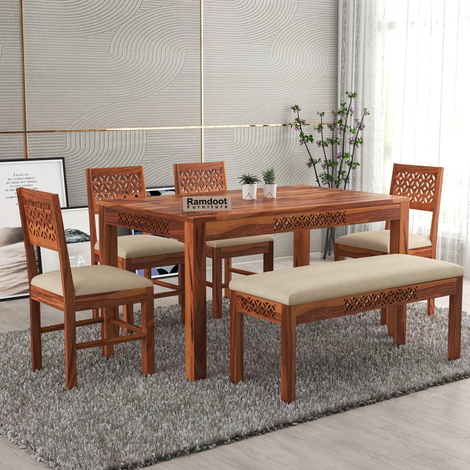 Ramdoot Furniture CNC Solid Sheesham Wood Dining Table Set 6 Seater | Six Seater Dining Table 6 Seater with 4 Cushion Chairs & 1 Bench for Living Room | 6 Seater Dining Set for Hotel Restaurant |Honey-image-48
