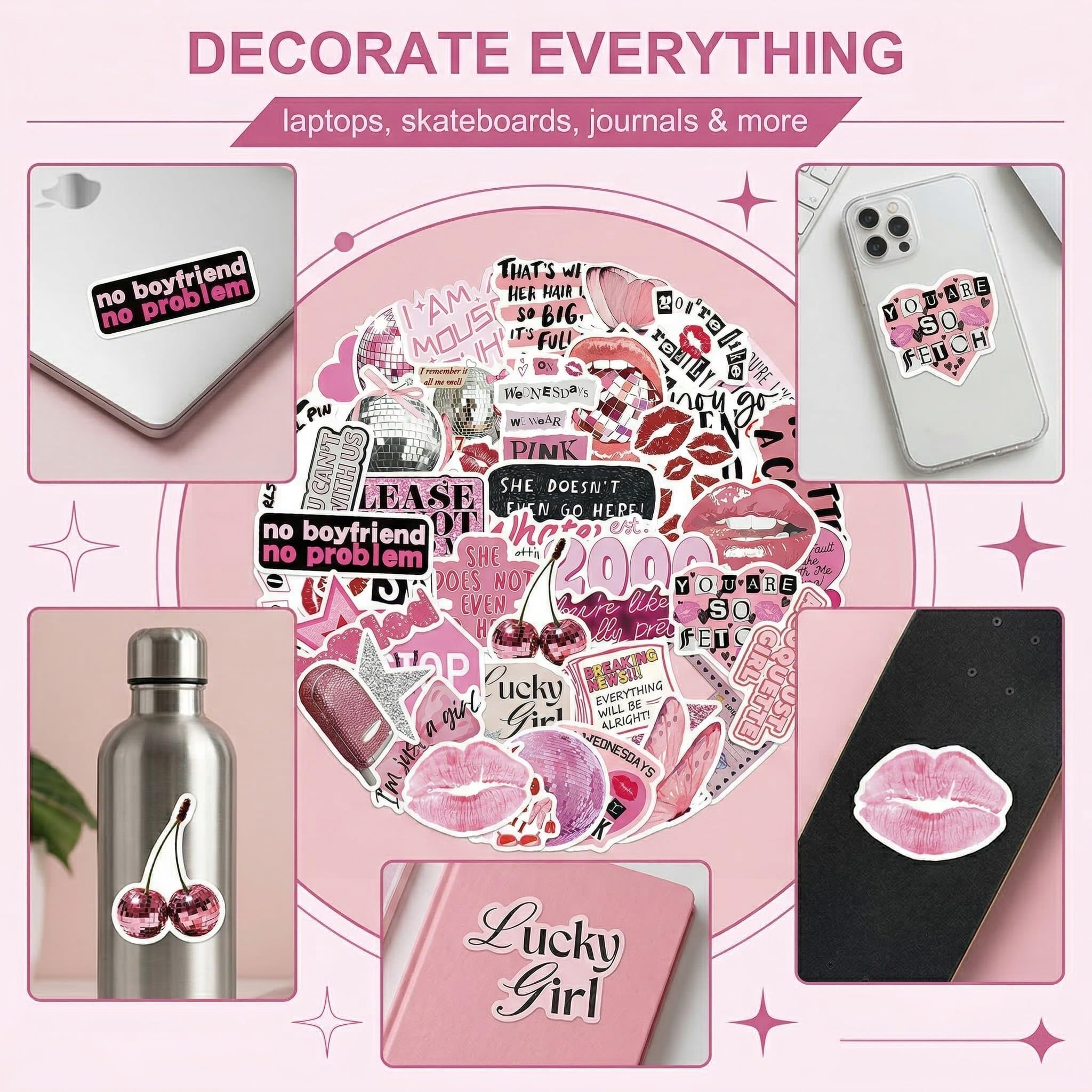 50 Pezzi Y2K adesivi stickers aesthetic eleganti adesivi per computer portatili bottiglie d'acqua moto e altro ancora design hip hop e graffiti per bambini e adulti（Rosa）