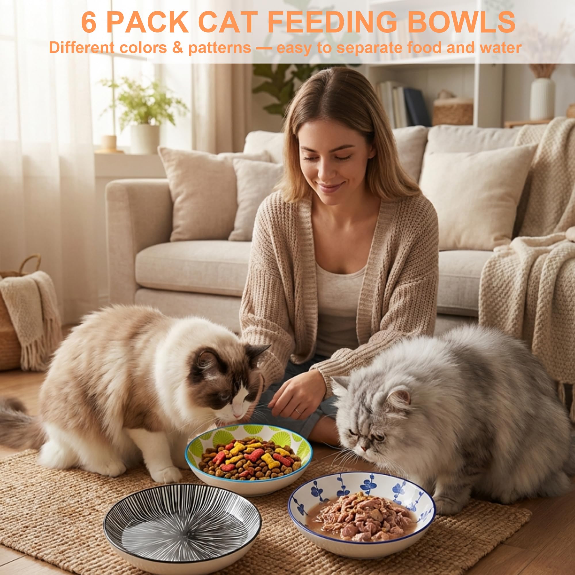 Gamelles en céramique pour chat avec fond en silicone antidérapant, empêchent la fatigue des moustaches, réduisent le désordre, gamelles larges pour chats d'intérieur, lot de 6 bols colorés pour