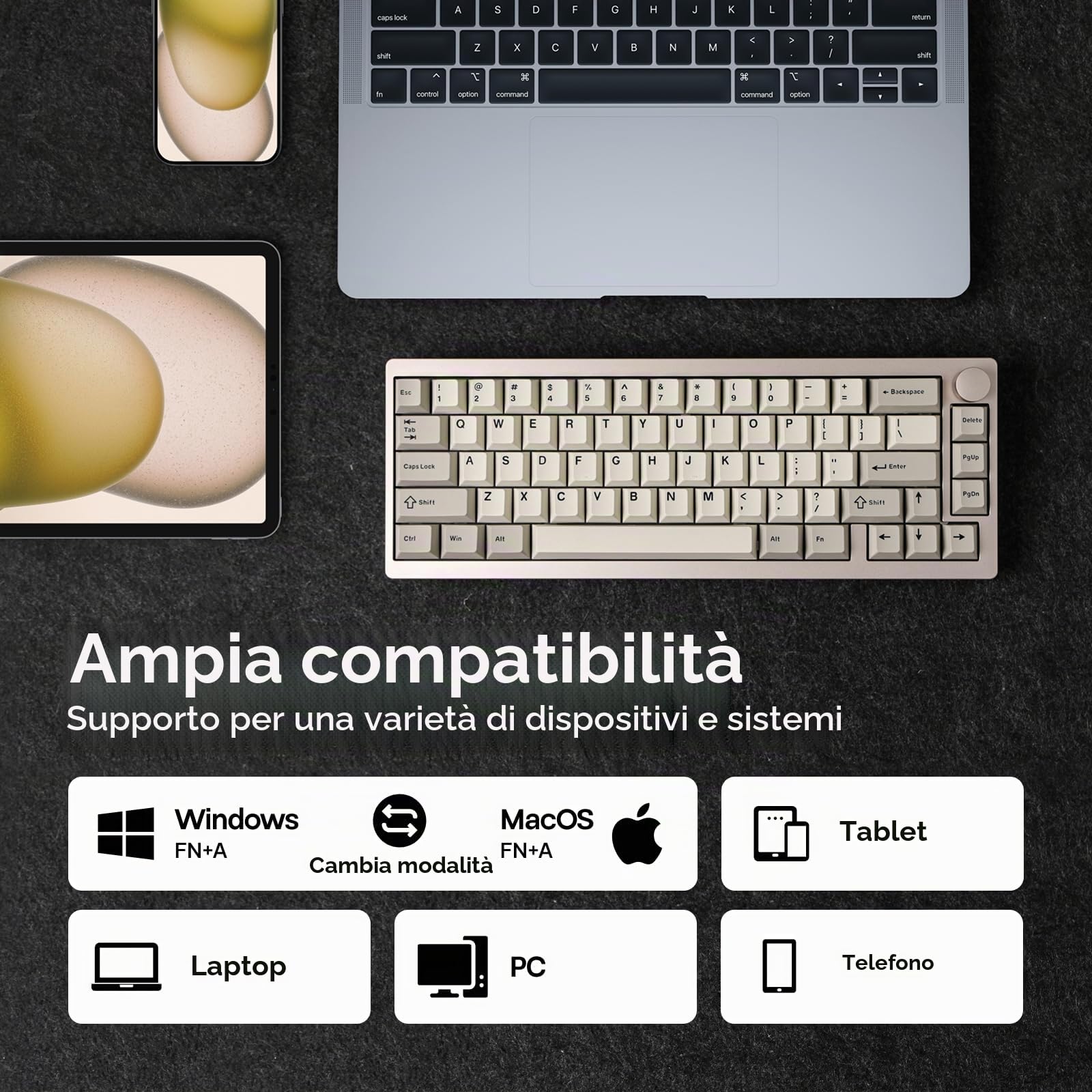 EPOMAKER P65 QMK/VIA Tastiera da Gioco Senza fili in Alluminio, BT/2,4Ghz/USB A-C, Sostituibile a Caldo, con Guarnizione, NKRO, per Mac/PC/PS/Xbox (Retrò Bianco, Wisteria Linear Switch)