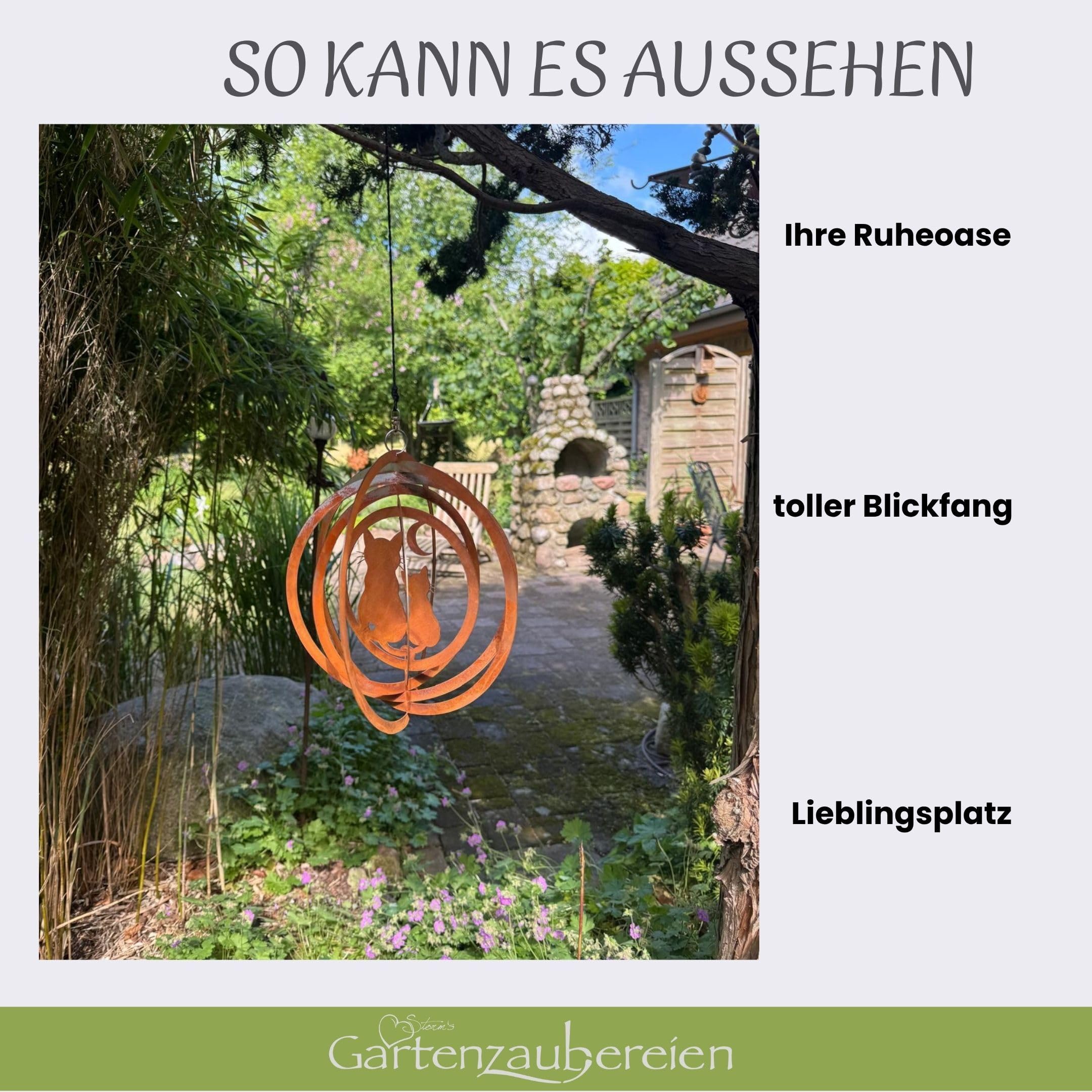 Windspiel aus Edelrost mit 2 Katzen - 3D Metall Windspiel für Garten - Balkon - Rostdeko Hängedeko - Geschenkidee für Katzenliebhaber - Ø ca. 24 cm