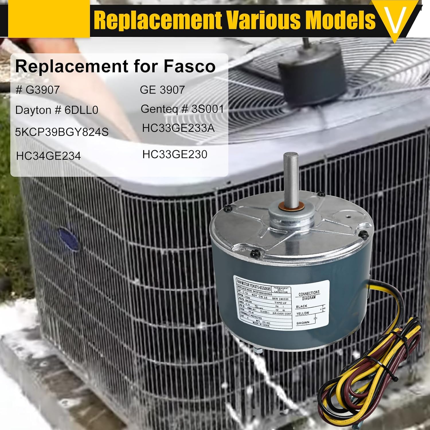 Condenser Fan Motor Replacement for Carrier 5KCP39BGS069S , 1/10hp, 0.75 amps, 1100 RPM, 60HZ, 208-230V, # G3907, GE 3907, Genteq # 3S001, Dayton # 6DLL0 + Capacitor