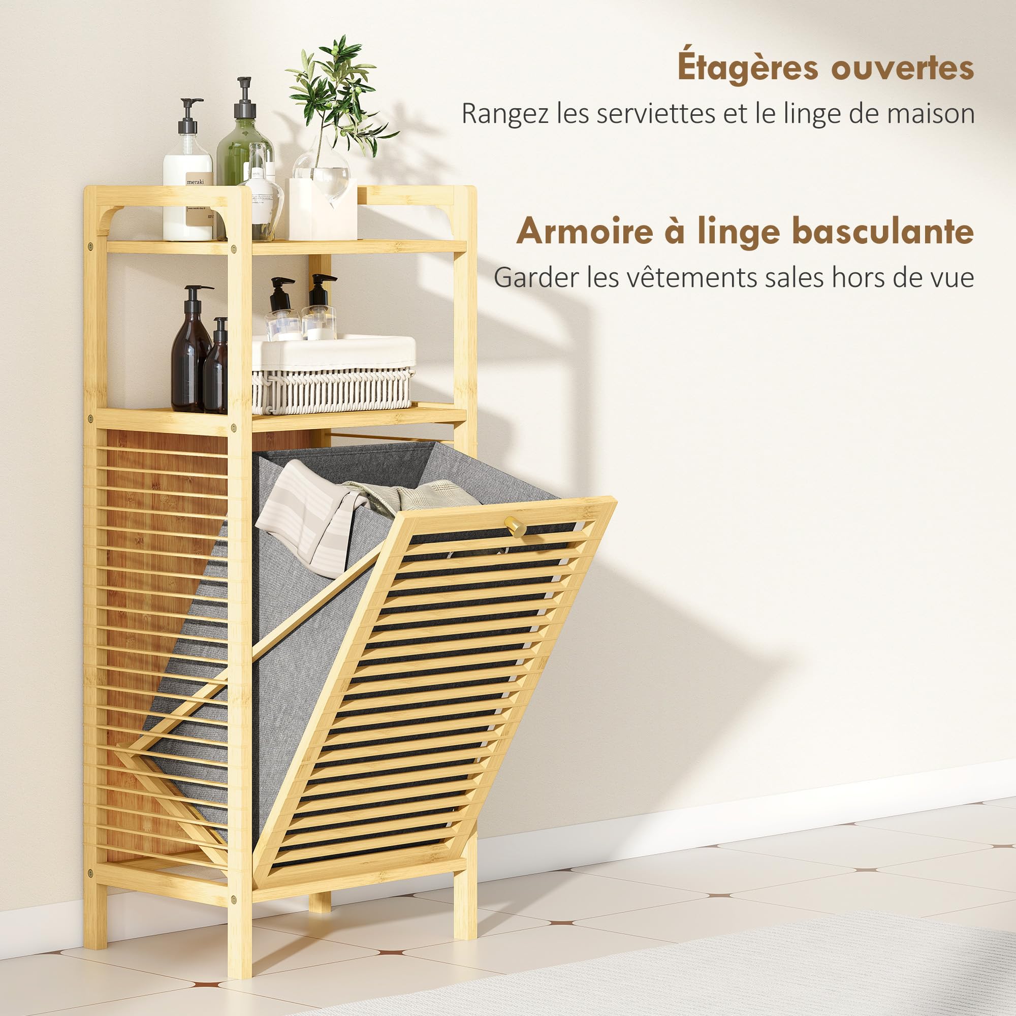 HOMCOM Meuble de Rangement à Linge en Bambou, Meuble de Salle de Bain avec étagère, Panier à Linge basculant, Porte à Lattes et Sac de Rangement Amovible, 40 x 30 x 95 cm, Effet Bois Naturel