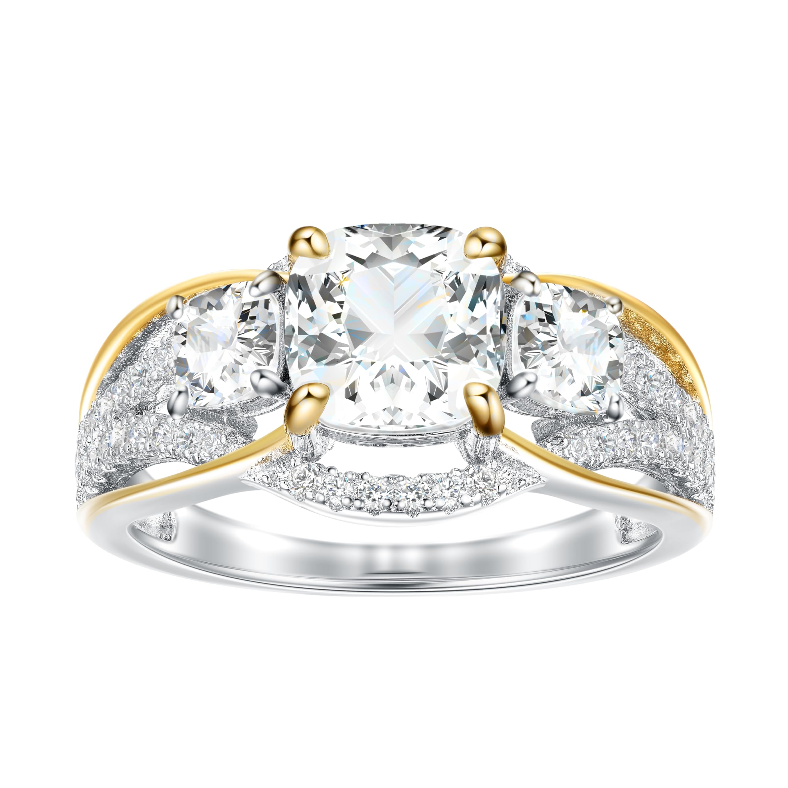 HIDDEN GEMS JEWELRY HGJ 2Ct 925 Sterling Silver 3 Stone Cushion Cut CZ Ring Two tone Cubic Zirconia Engagement Ring for Women Size 5-10