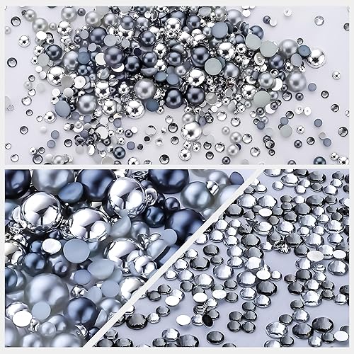 Miniatura 2 de Diamantes de imitación de perlas blancas y negras de 2.12 oz para manualidades, tamaño mixto de 0.116 a 0.394 pulgadas, color AB, medias perlas,