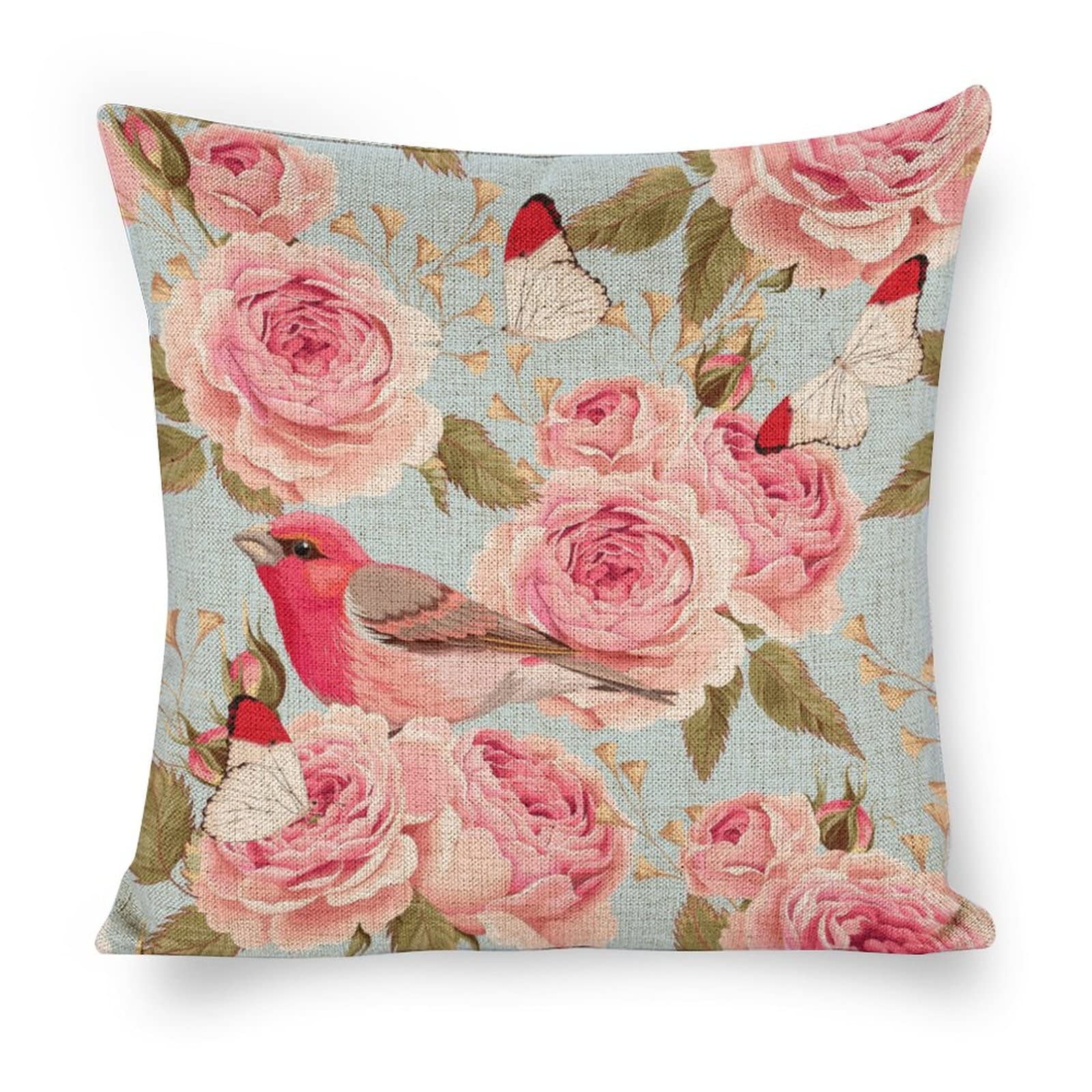 Icotoibabie Linen Pillow Case Blue Pink Rose Bird Pattern 18x18 Inch Double Sided Decorative Cushion Cover for Sofa Bed Chair Car