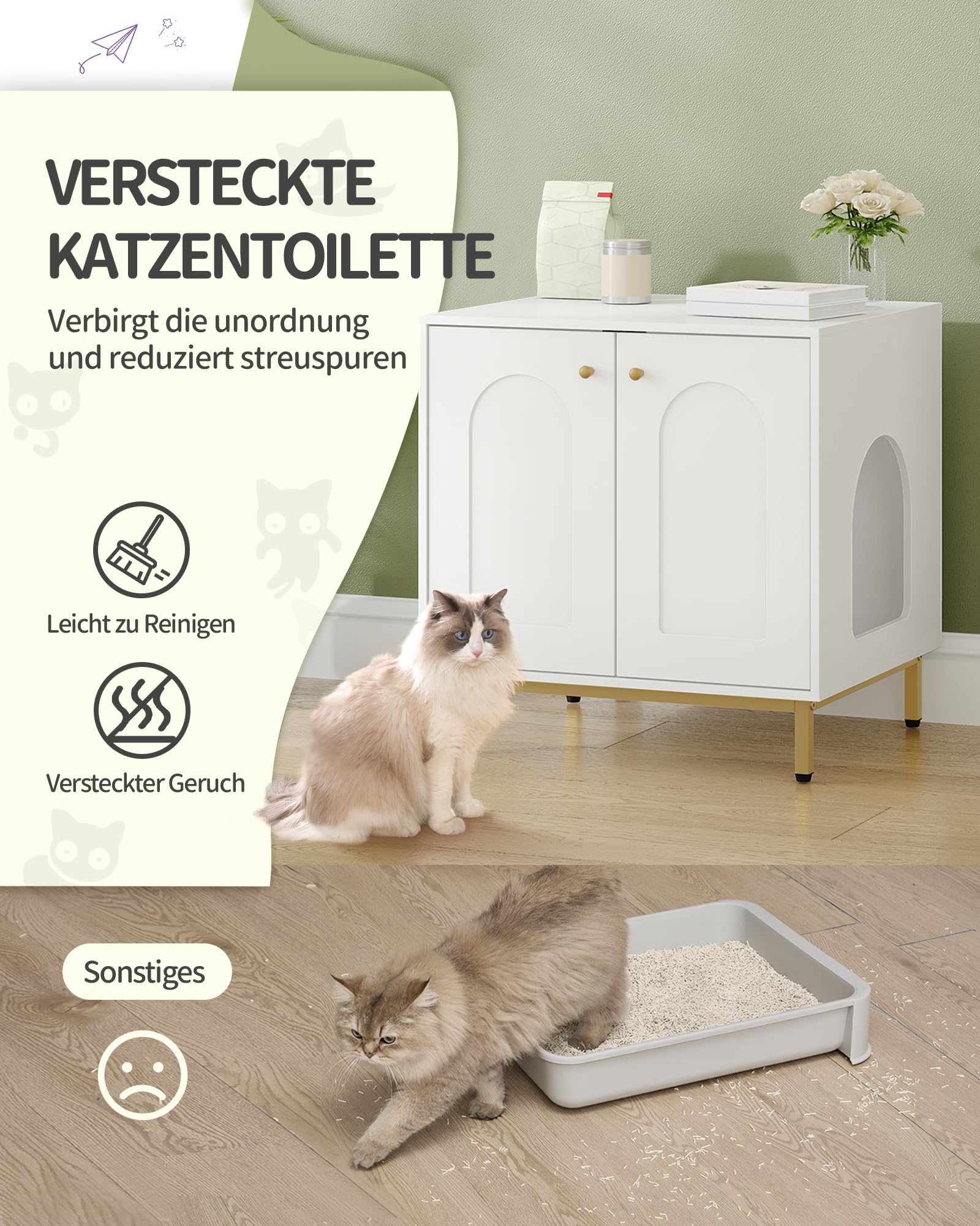 Hzuaneri Caja de Arena para Gatos, Muebles de Caja de Arena, Mesa Auxiliar para Casa de Mascotas, Banco de Gabinete de Almacenamiento, se Adapta a la Mayoría de Gatos, Blanco y Dorado CB81203G