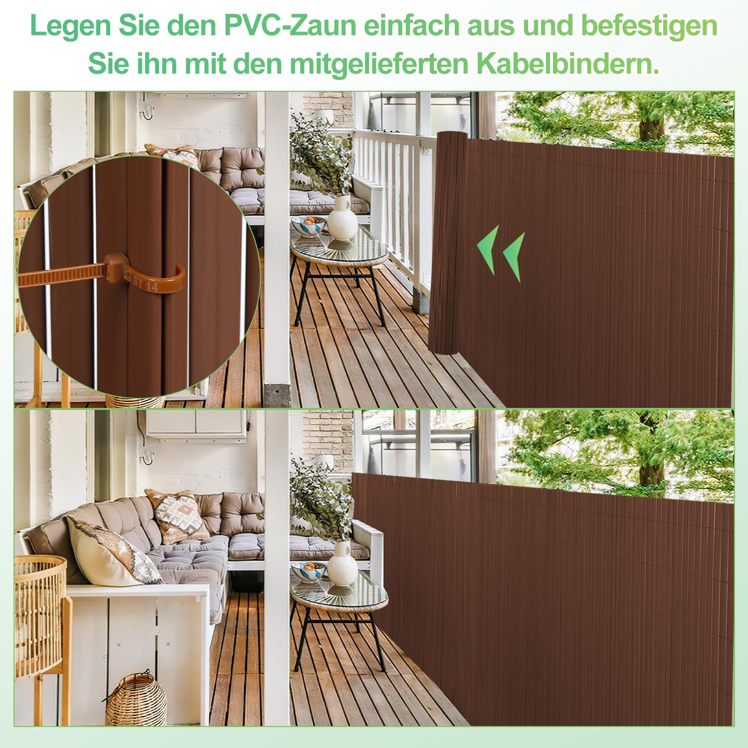 Dywan zewnętrzny z PCW, 140 x 700 cm, potrójny Rzo, idealny do ogrodu, na balkon, taras, chroni prywatność dzięki dołączonym zapięciom