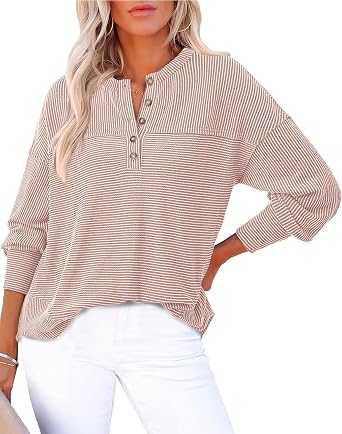 KIRUNDO Going Out Tops for Women Henley Shirts 2025 Casual Ribbed Knit Long Sleeve Tunic Summer Fall Button V Neck Blouse