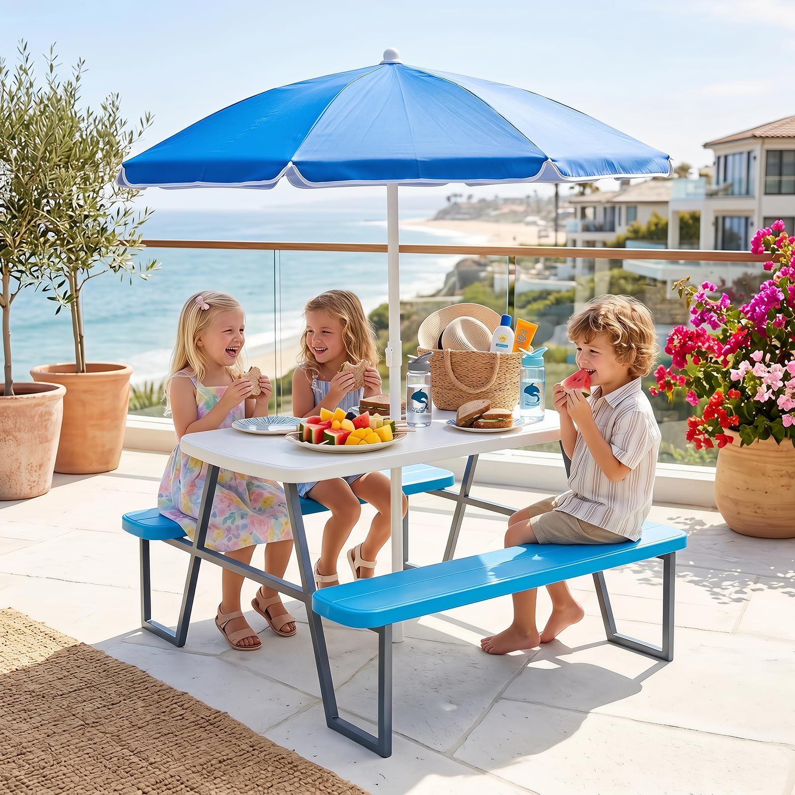 LIFEZEAL Tavolo da Picnic per Bambini con Ombrellone Pieghevole, Regolabile | Set Tavolo e Sedie per Bambini 3-8 Anni, 1 Tavolino e 2 Panche per Giardino, Terrazzo, Campeggio, Cameretta e Cortile