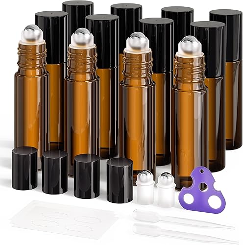 ULG Paquete de 848 botellas de rodillo de aceite esencial de 0.3 fl oz, botellas vacías de vidrio azul cobalto y ámbar con bolas de rodillo de acero