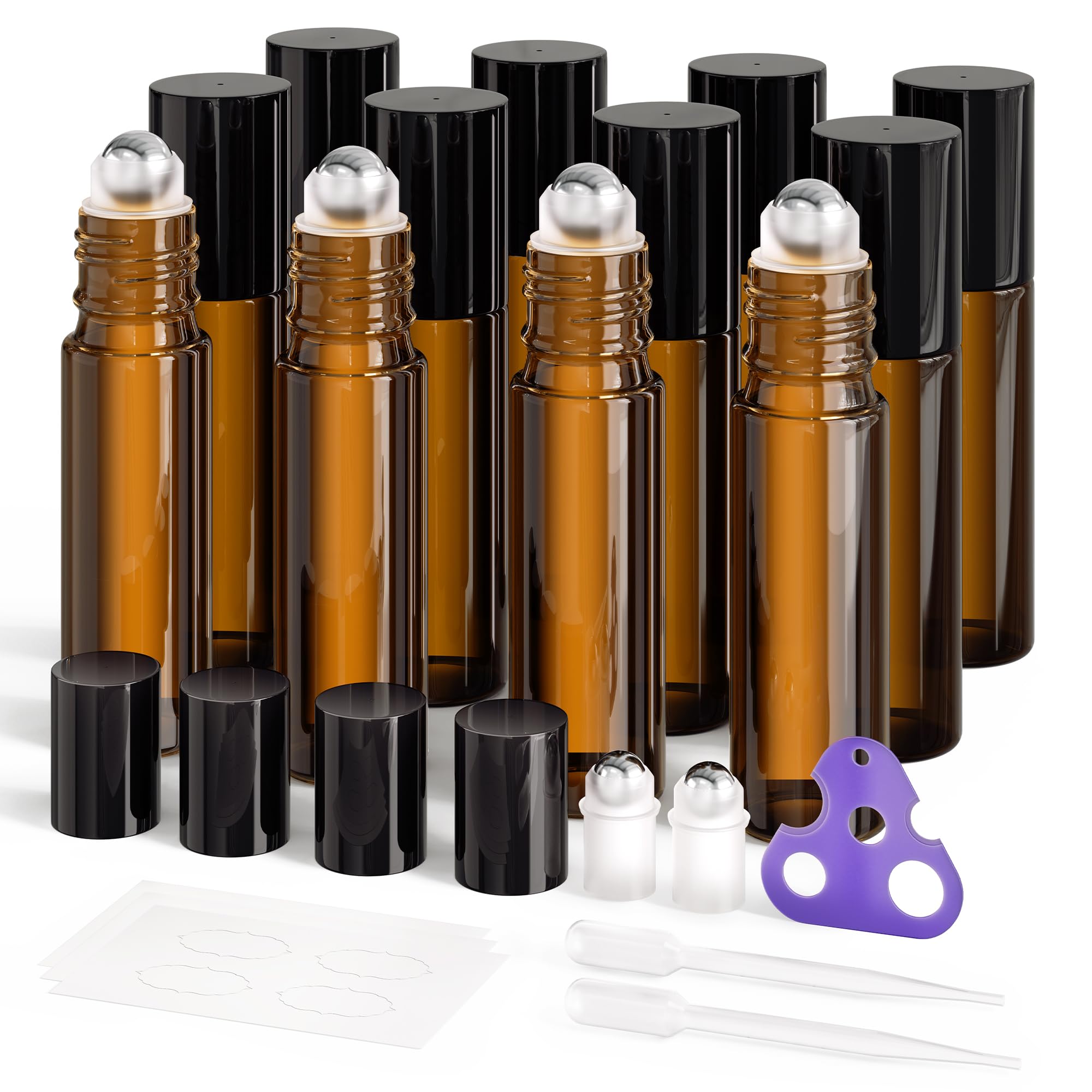 ULG Essential Oil Roller Bottles 12 Pack 10ml Amber Glass Empty Bottles with Stainless Steel Roller Balls