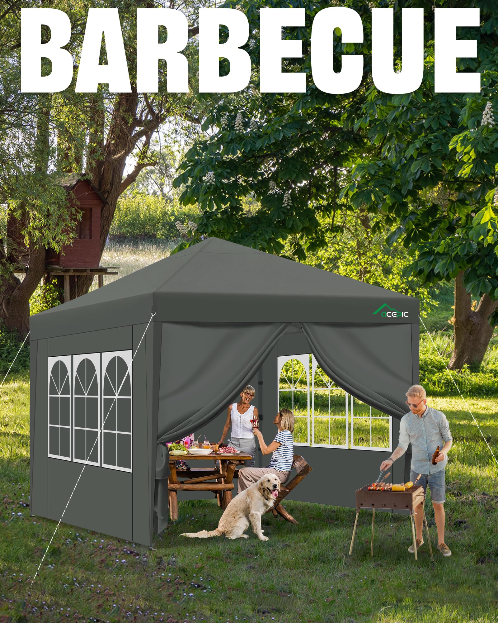 Acepic One-Touch Pop Up Pavillon 3x3 Wasserdicht Stabil Winterfest mit Seitenteile, Pop-Up Faltpavillon mit Schnellem Aufbau, Gartenzelt für Camping, Strand, Party und Flohmarkt, 3x3m, Grau