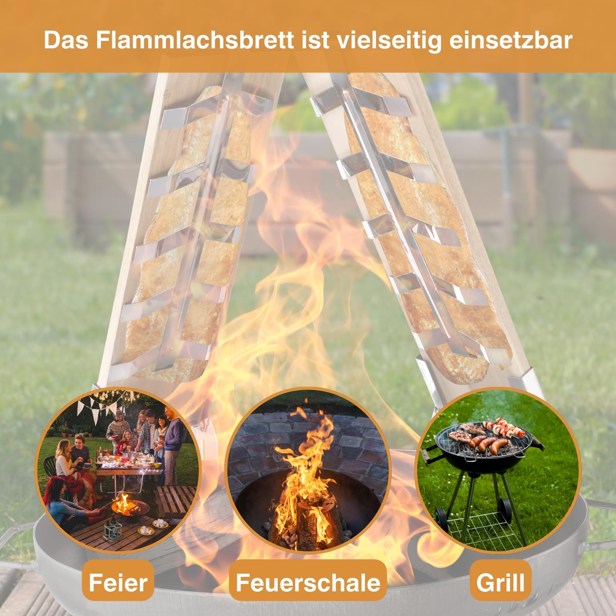 Flammlachsbretter 2er Set Räucherbretter für Lachsfilet Flammlachsbrett für Feuerschale aus Zedernholz mit Winkelsystem Befestigung aus Edelstahl & HL Kauf-Block