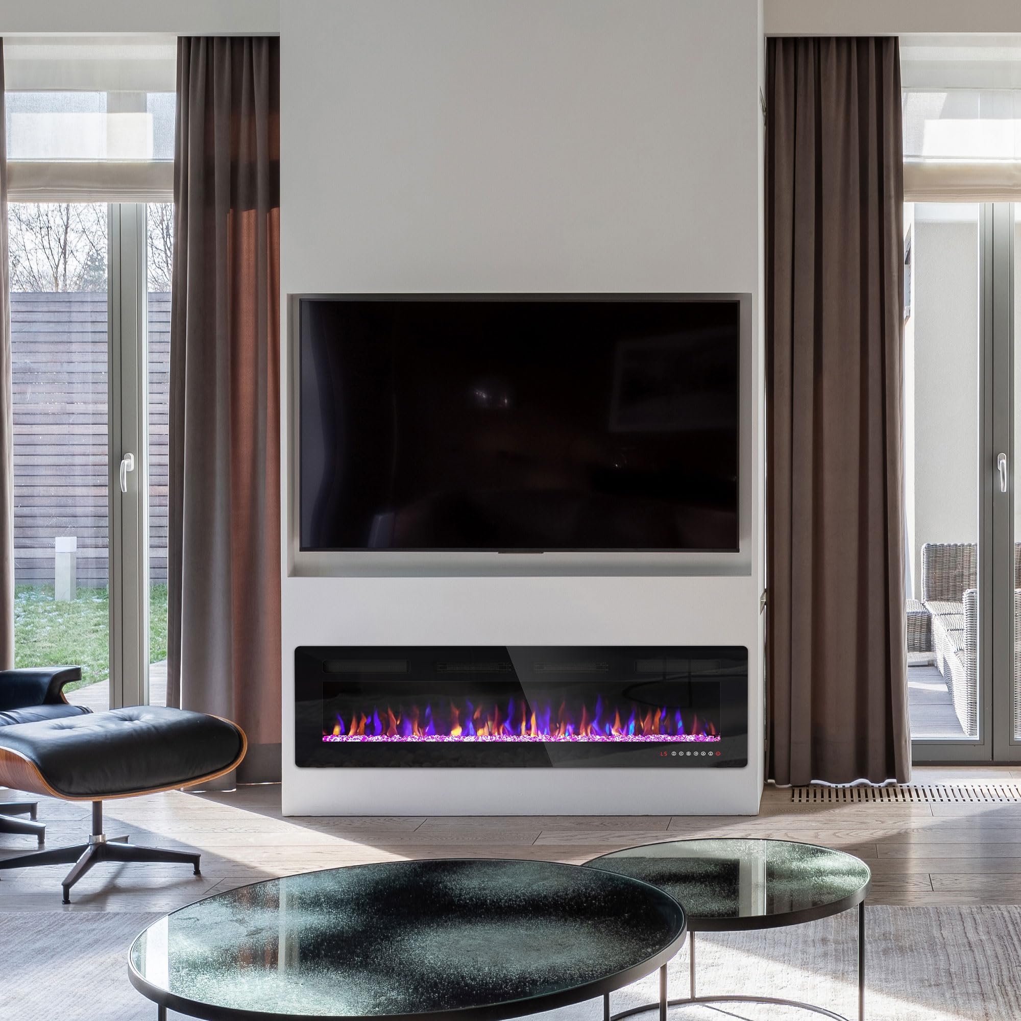 Ludatido 60 Inch Electric Fireplace Wall Mounted/Recessed, 3.2 Inch Ultra Thin Electric Fireplace Insert With1500W Heater, Multicolor Flame with Timer/Speed/Touch Screen/Remote Control-(Slim)