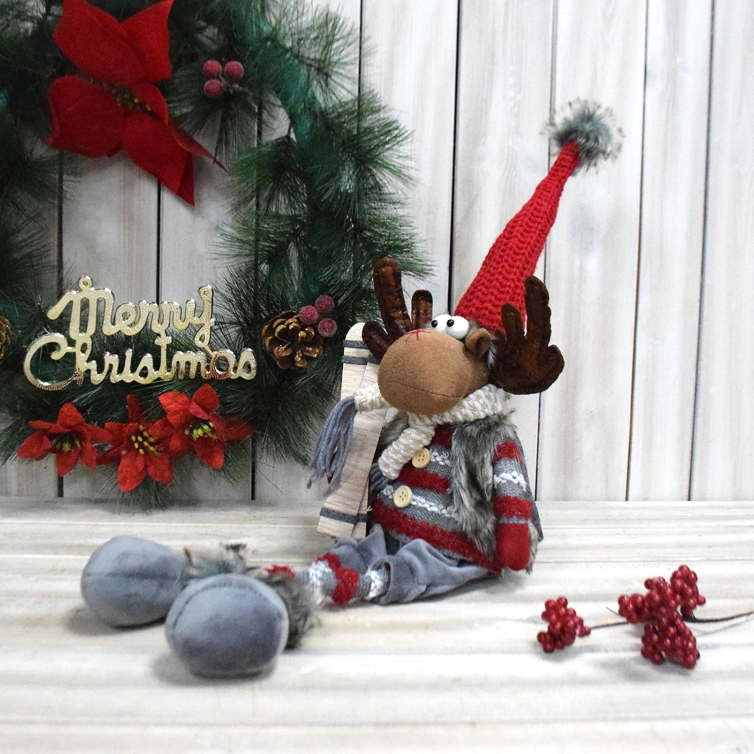 Cute Elk Plush Figurine Ornaments Long Legs Holding Skis Reindeer Christmas Animal Handmade Felted Sitting Moose Doll Red Gray Gifts Xmas Home Decorations