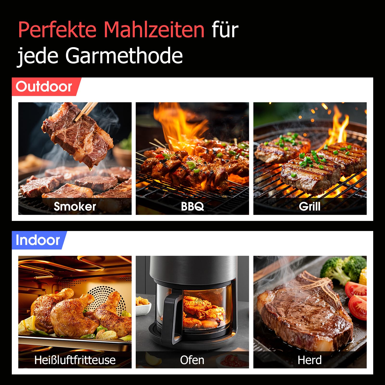 BBQOVN WLAN Bluetooth Fleischthermometer mit Unbegrenzter Reichweite, 7 NIST-zertifizierte Sensoren & Umgebungstemperatur, Kabelloses Thermometer für BBQ, Smoker, Ofen, Grill, Heißluftfritteuse