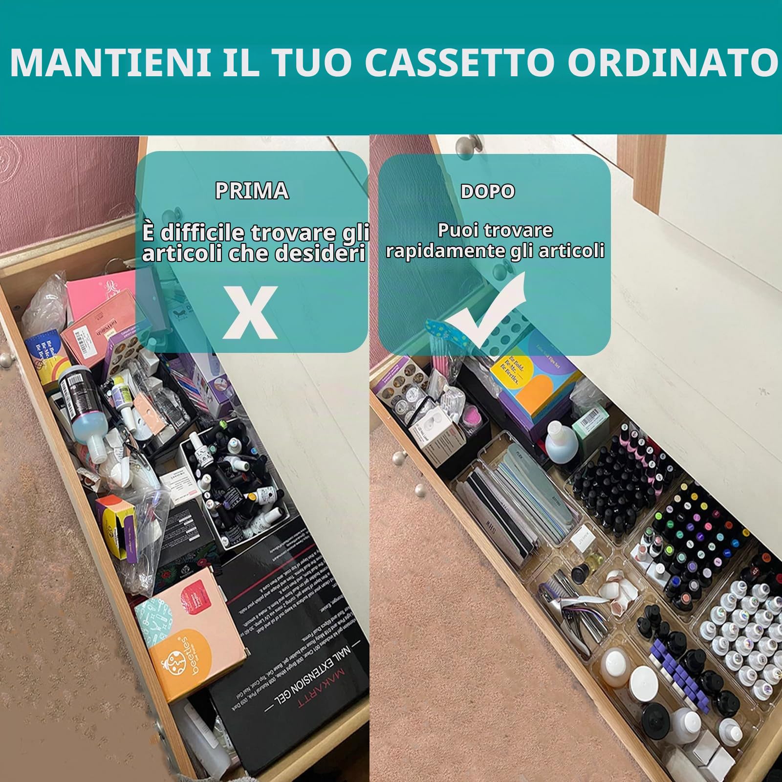 Organizzatore per cassetti da 36 pezzi con 4 misure, organizzatore per trucco, organizzatore per make-up, plastica trasparente, organizzatore per cassetti per scrivania, ufficio, cucina