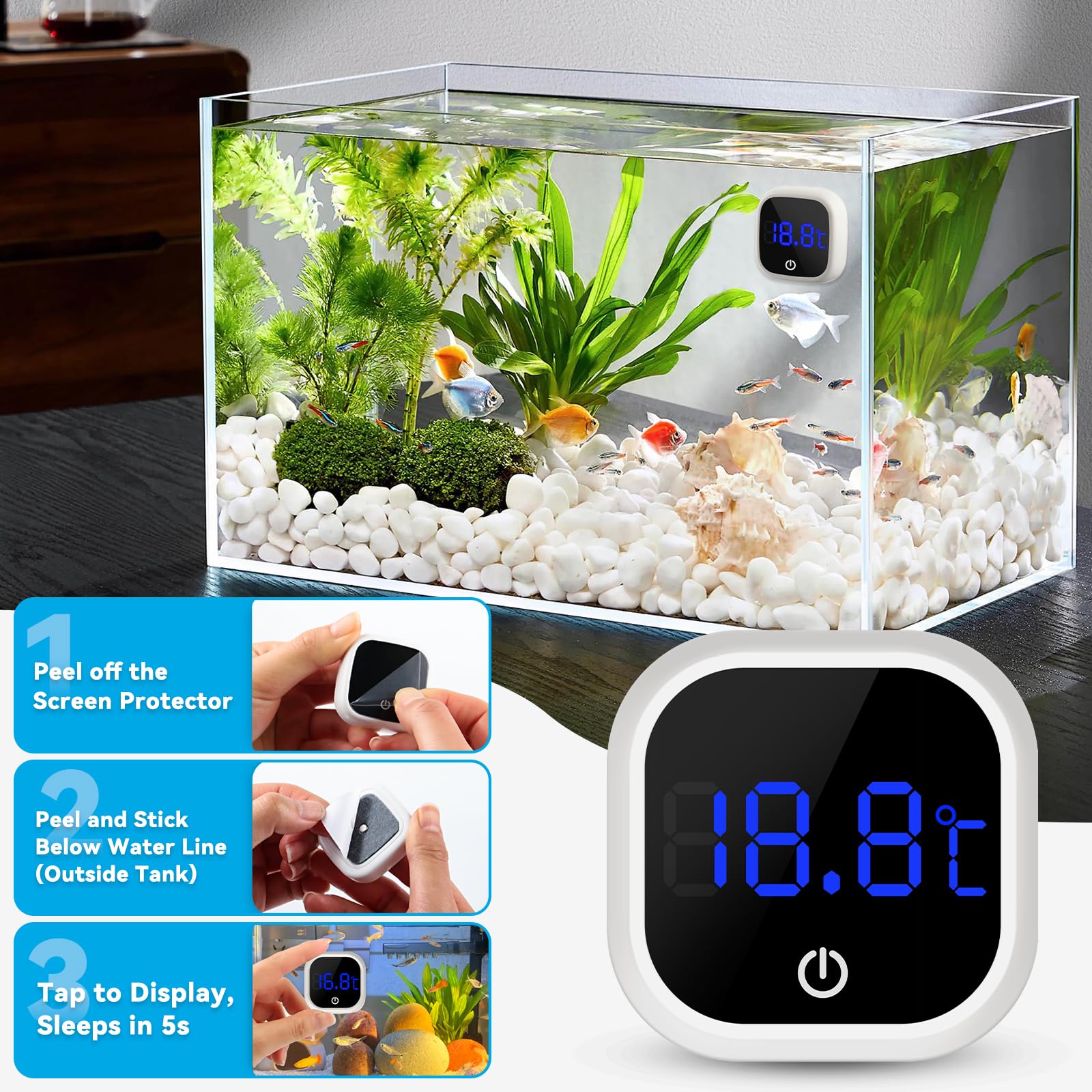 Termometro Digitale per Acquari LED Touch Screen Wireless, Alta Precisione 1℃, per Acquari Tropicali e Rettili, Accessorio Acquario, Bianco