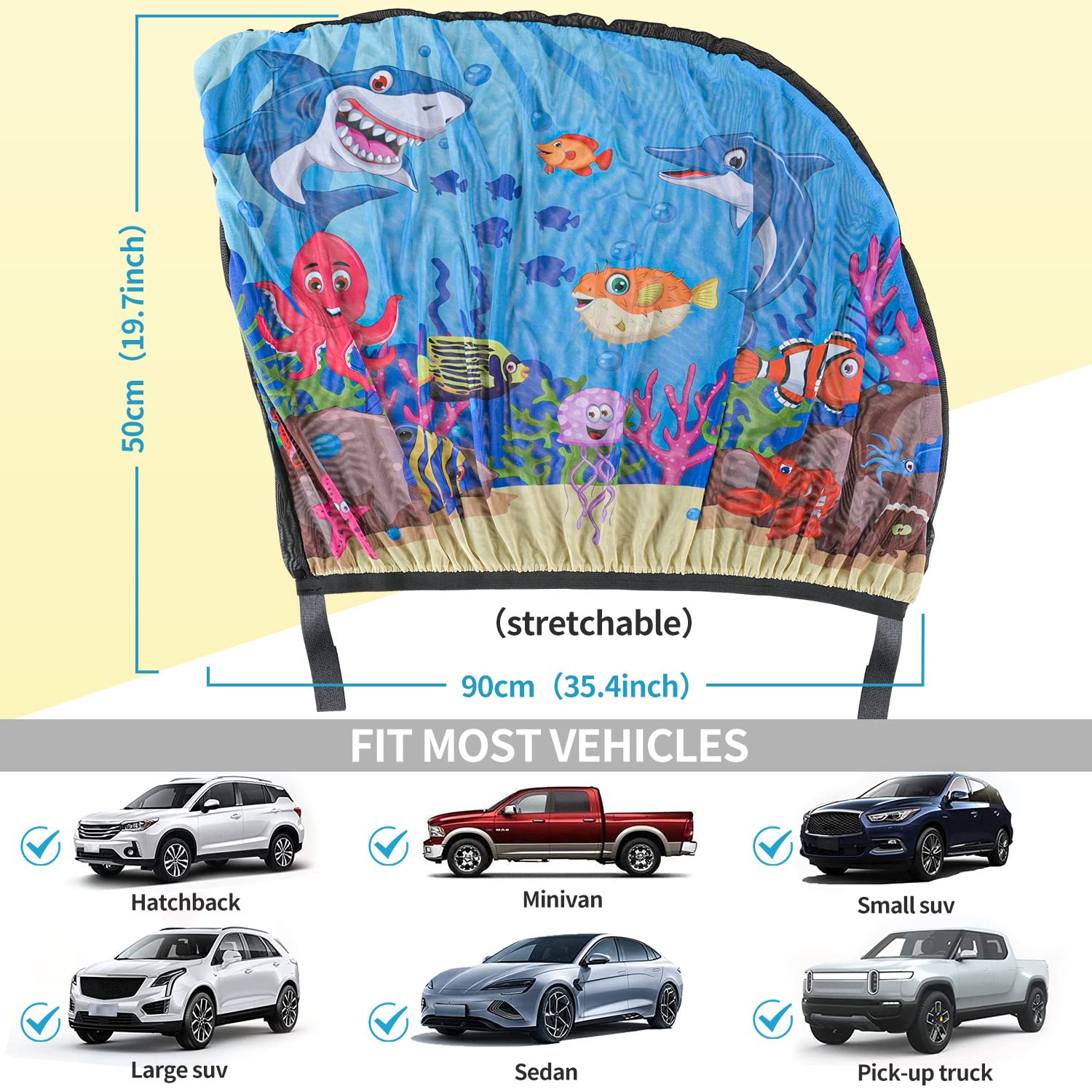 iZoeL Parasole Auto per Bambini, 2 Pezzi Parasole Finestrino Laterale, Stampa Animali Marini, Custodia - Parasole Calzini per Finestrini Auto Senza CucitureUniversale Protezione Solare e UV