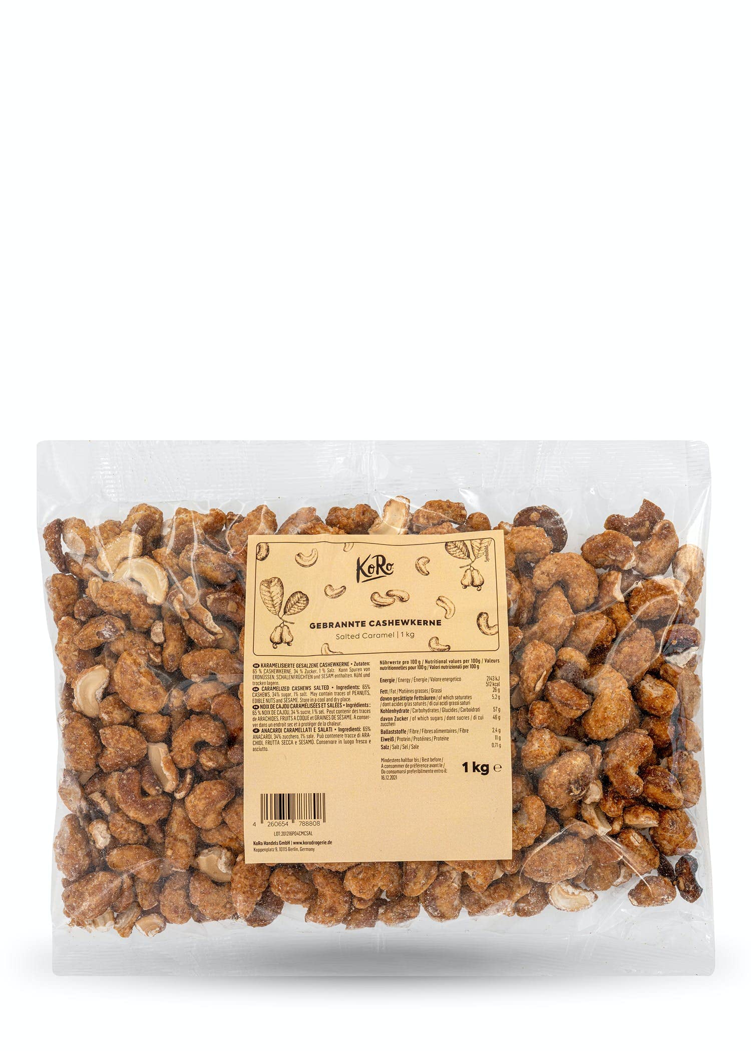 KoRo - Gebrannte Cashewkerne Salted Caramel 1 kg - Zarte ganze Cashews - Feiner Salz-Karamell Geschmack - Praktische Vorteilspackung