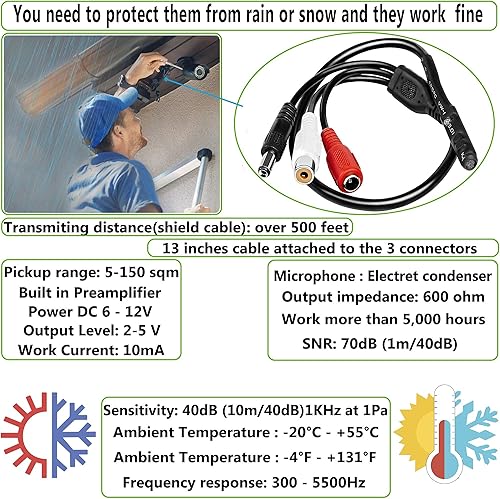 Miniatura 4 de Micrófono CCTV con preamplificador, salida de audio RCA, 12 V CC, ganancia ajustable, para cámaras DVRNVR e IP (paquete de 3)