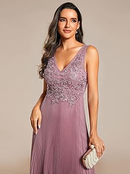Abito Da Sera Donna Ever-Pretty Con Volant - Maniche Corte, Scollo A V, Chiffon, Elegante Per Matrimoni E Feste - Foto 3