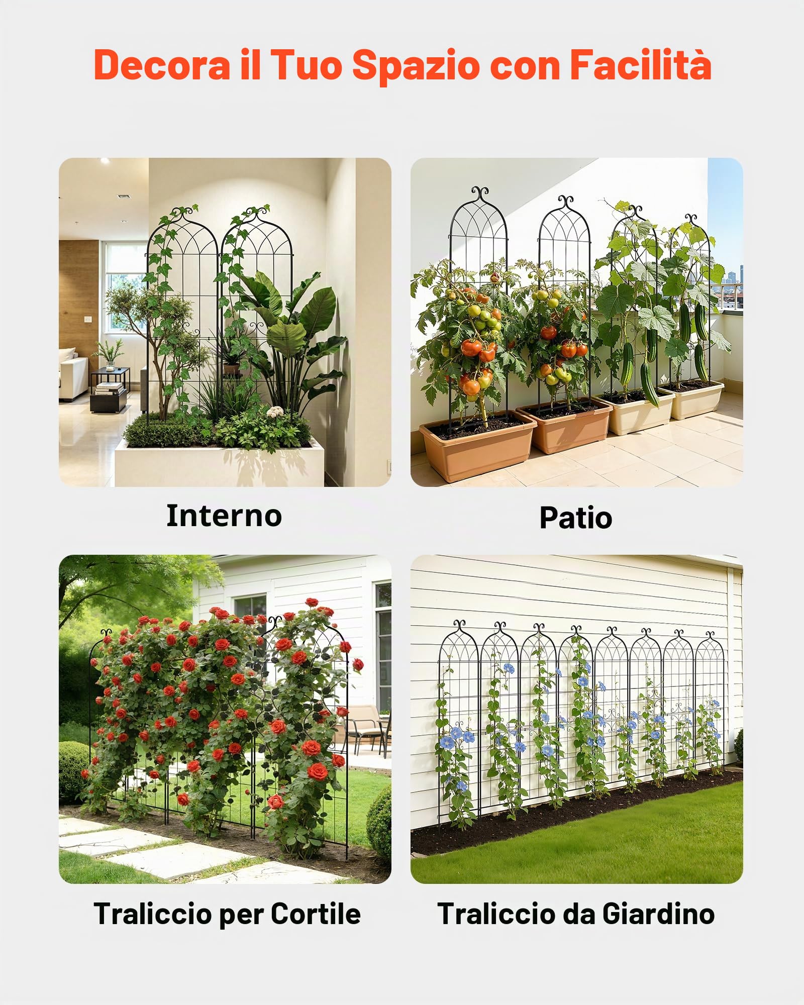 VEVOR Set 6 pz Traliccio da Giardinaggio 180x52,5 cm, Pannello da Giardino in Metallo con Finitura Verniciata a Polvere, Collegabili, Grigliato da Supporto Divisorio Decorativo per Rose Rampicanti