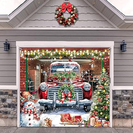 Christmas Garage Door Banner Cover Decorations,7 x 8 Ft Red Truck Christmas Snowman Tree Holiday Garage Door Outdoor Backdrop for Xmas Holiday Winter New Year Party Supplies
