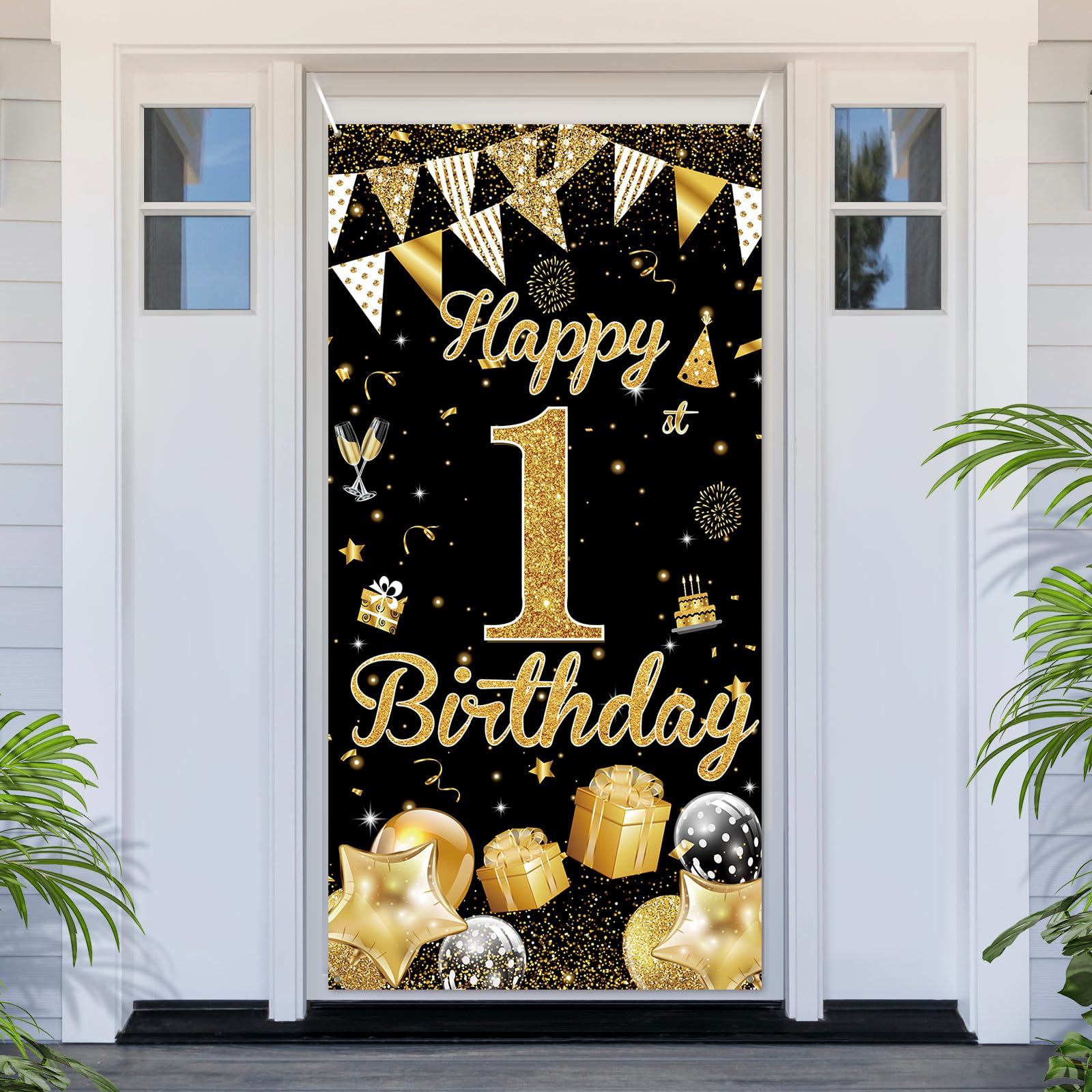 PartyYaa 1st Birthday Banner, Happy 1st Birthday Door Cover Decorations, Extra Large Black Gold Party Banner Photo Booth Decor Sign Poster for Indoor Outdoor โ image 1