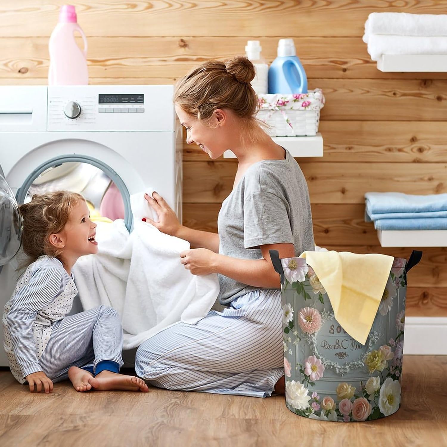 Shabby Chic Flowers Laundry Bag Large Collapsible Laundry Baskets Freestanding Waterproof Clothes Hamper with Handles & Drawstring for Laundry Room Bedroom Bathroom