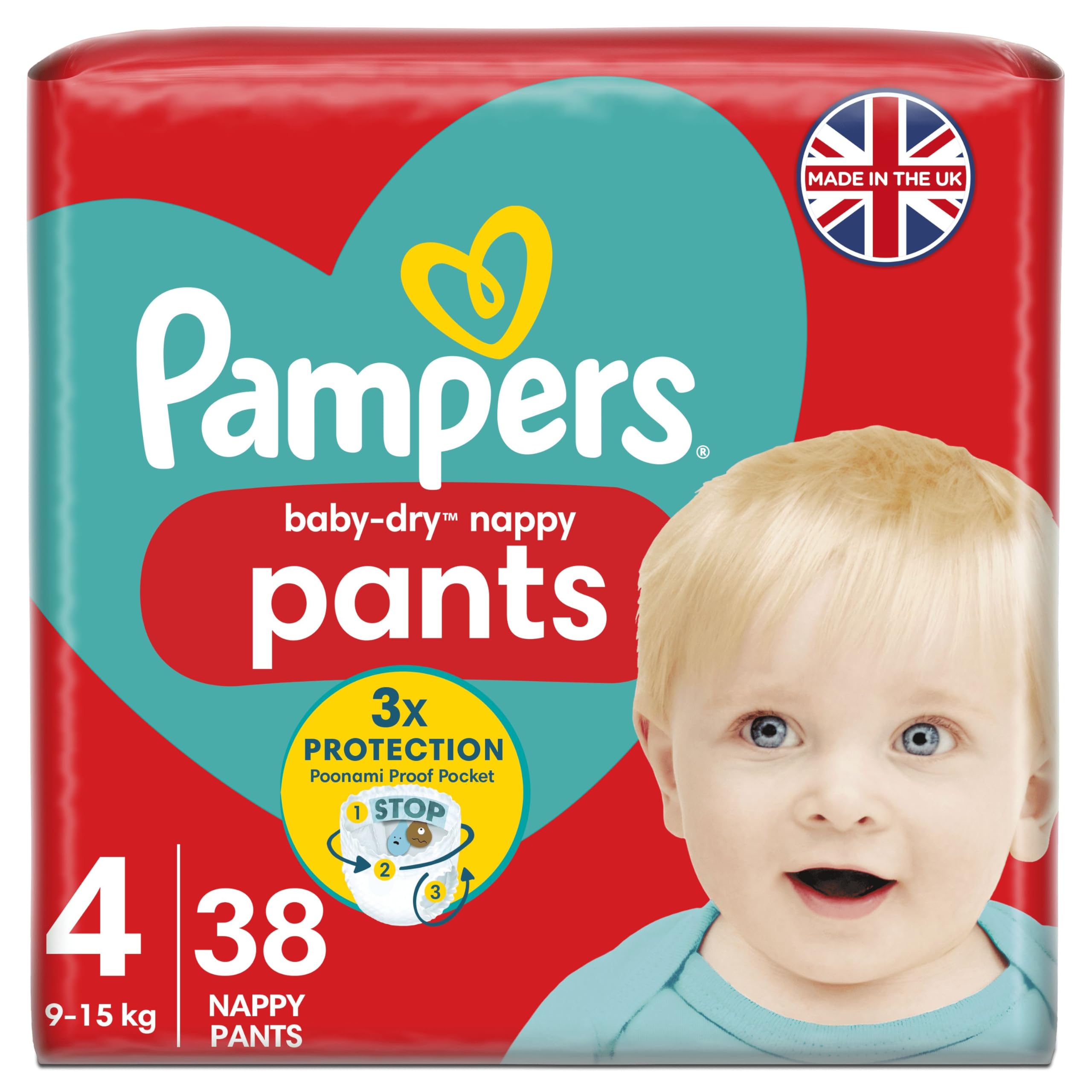Pampers Baby-Dry Nappy Pants Size 4, 38 Nappies, 9Kg-15Kg, Essential Pack