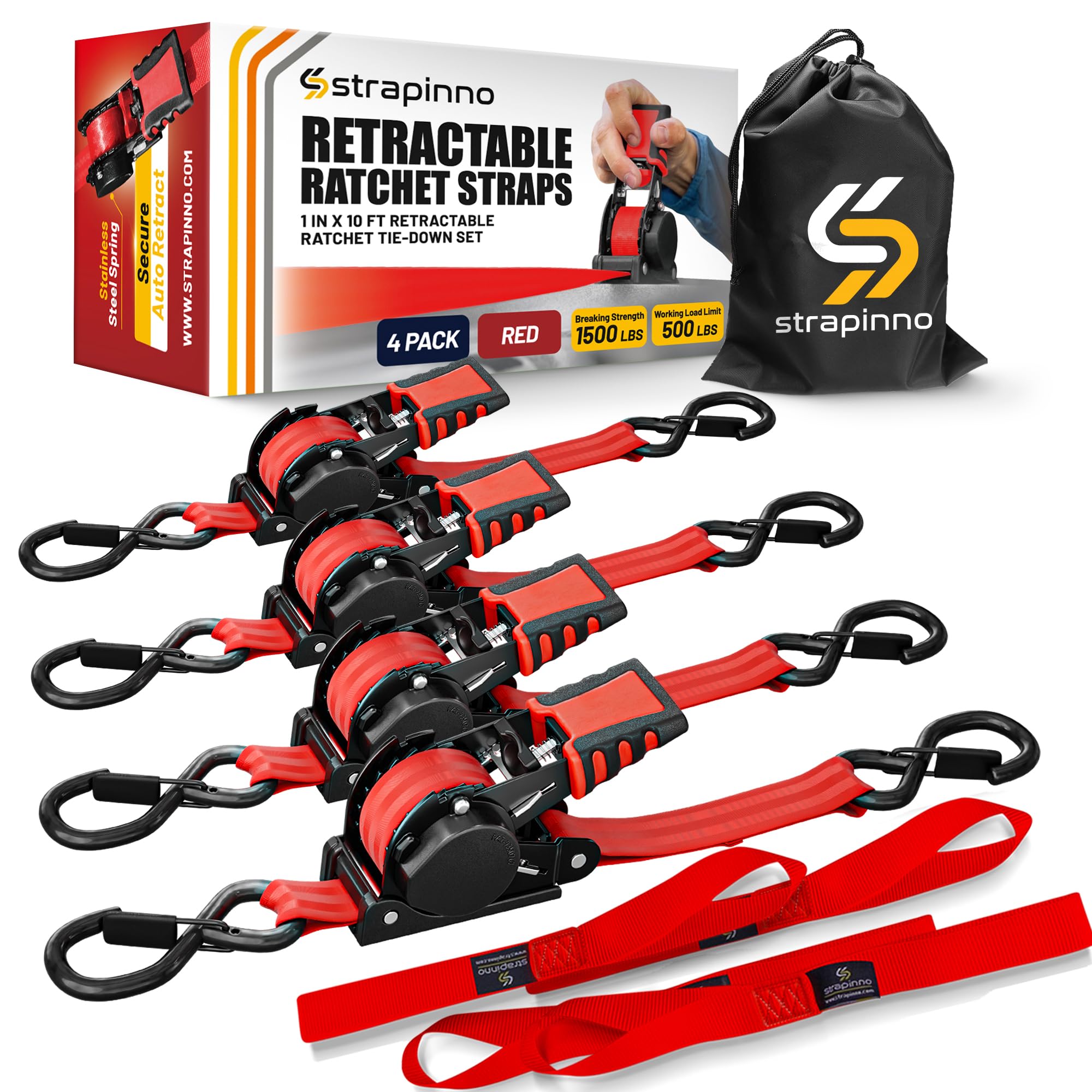 Strapinno - Correas de carraca retráctiles de 1 x 10 pies, amarres Seguros con Asas de Acero revestidas de Goma, para Motocicleta, Jetski, Kayak, Resistencia a la Rotura 1.5 libras/680 kg (Correa
