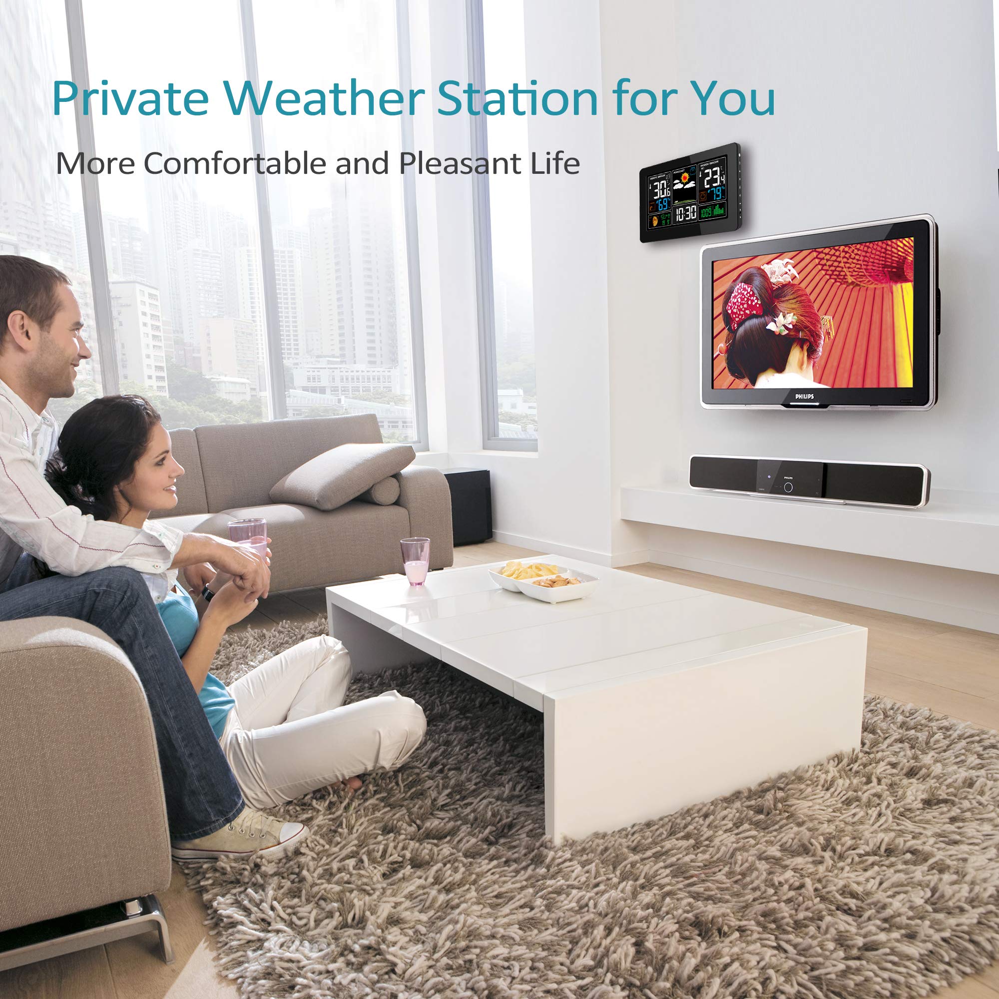 Wetterstation mit Außensensor Innen und Außen 9-IN-1 Wireless Digital Wecker Barometer Weather Station Temperatur-Feuchtigkeits-Monitor Wettervorhersage für Zuhause Hausgarten Büro