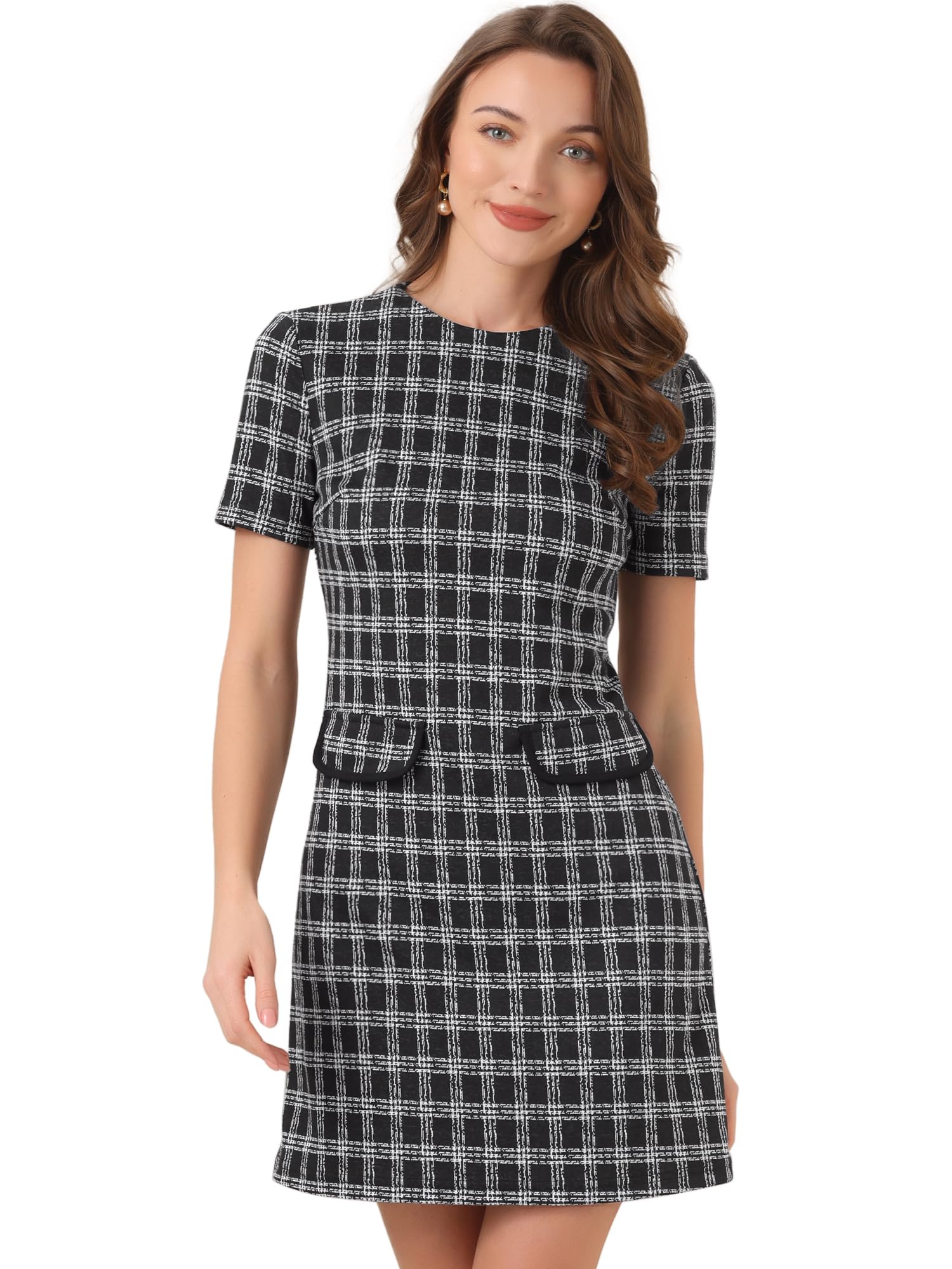 Allegra K Work Dress for Women Short Sleeve Vintage Houndstooth Above The Knee Dress