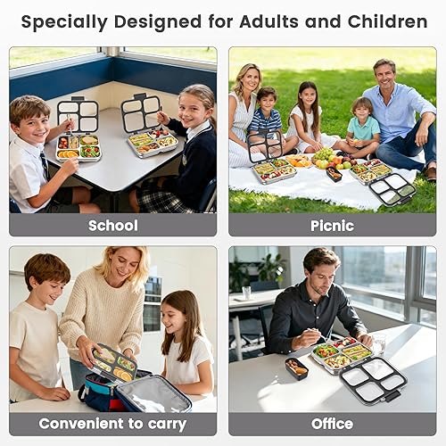 Miniatura 7 de Caja Bento de acero inoxidable para niños y adultos con recipiente de silicona, a prueba de fugas, 4 compartimentos, lonchera de metal, sello de