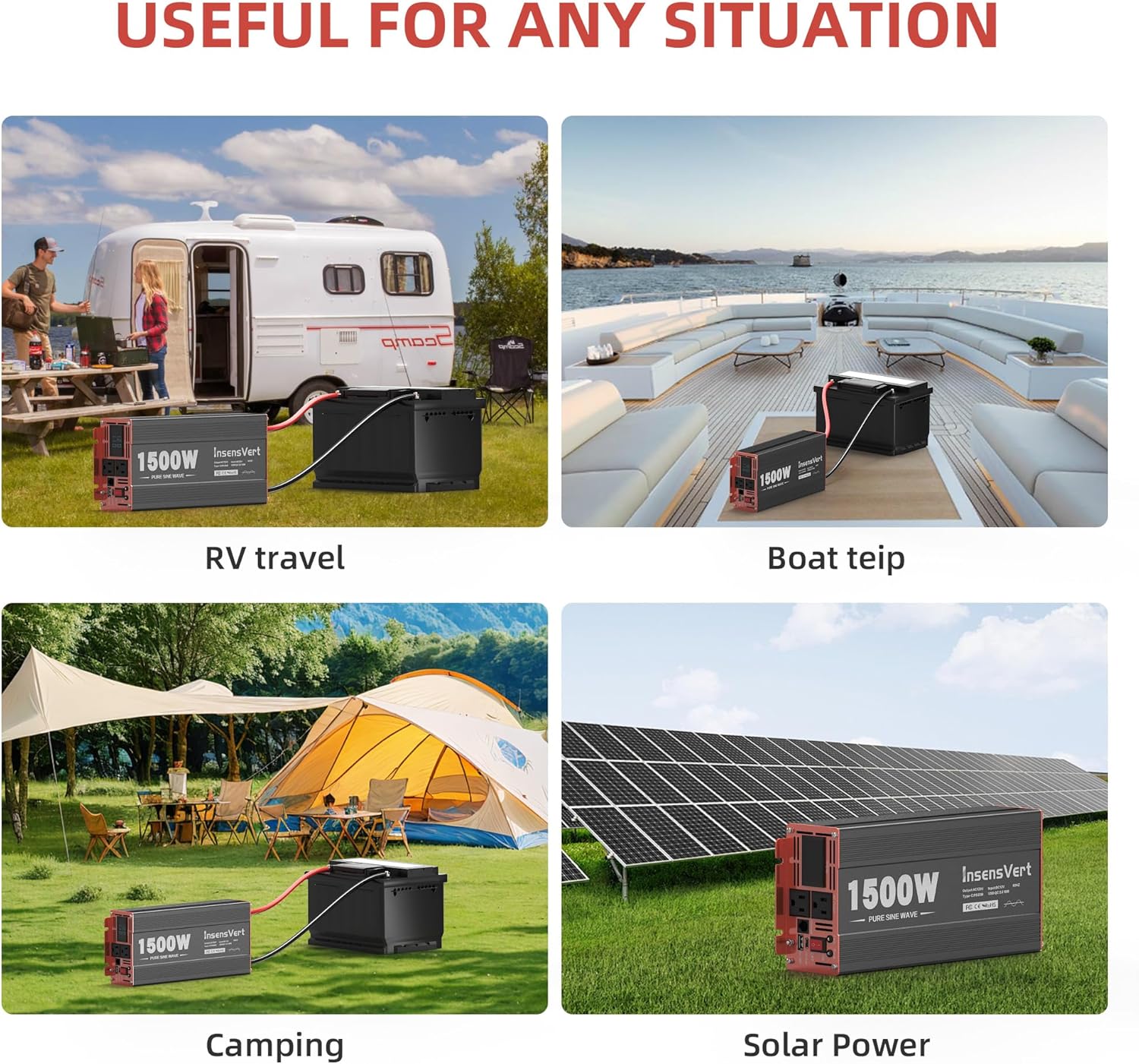 1500 Watt Pure Sine Wave Power Inverter DC 12V to 120V AC, with 2 AC,18W USB, and 30W Type-C Charging Ports, Car Solar Power Inverters with LCD Display for Home RV Truck