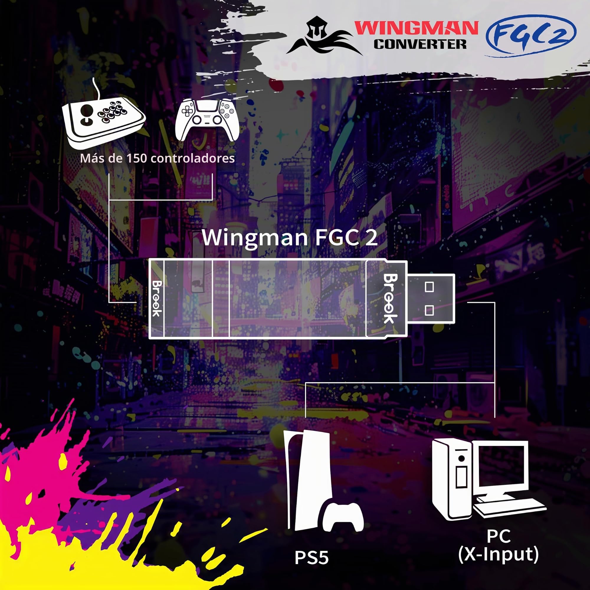 Brook Wingman FGC2 Convertidor con Llavero - Adaptador de Joystick Arcade Gamepad para PS5 y PC, Soporta Todos los Juegos de PS5 (Versión Oficial Exclusiva)
