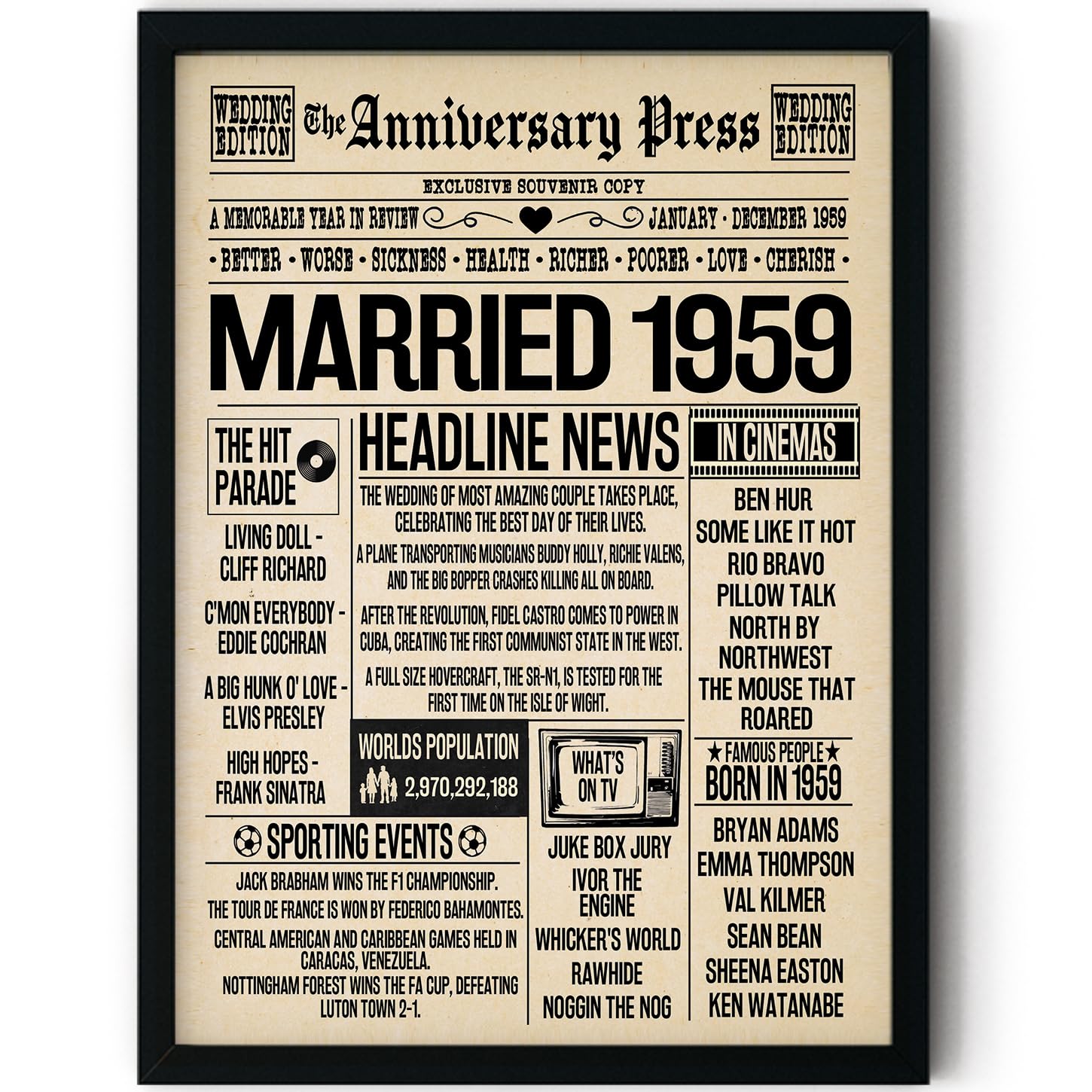 Stuff4 Men's 1959 67Th Anniversary Poster Framed - Married In Newspaper - Happy 67Th Wedding Anniversary For Wo Vintage Gifts Retro Back In 8X10 Inch Anniversaries Posters